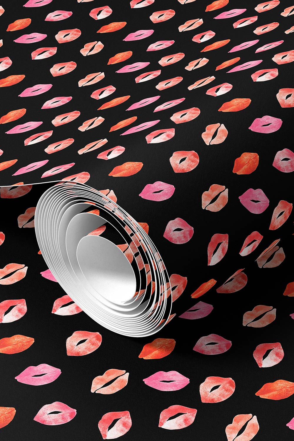 lipstick kiss wallpaper vinyl, commercial grade kiss print, textured vinyl wallpaper, washable lips wallpaper, salon wallpaper, beauty room wallpaper, lipstick pattern wallcovering, black with lips in pinks and reds