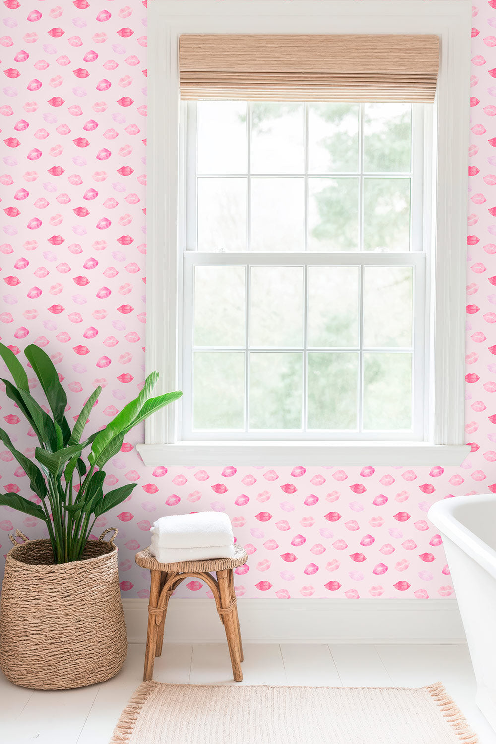 Matte wallpaper with watercolor lipstick kiss marks in soft pink and red shades perfect for girl's bedrooms, bathrooms and beauty salons and makeup studios