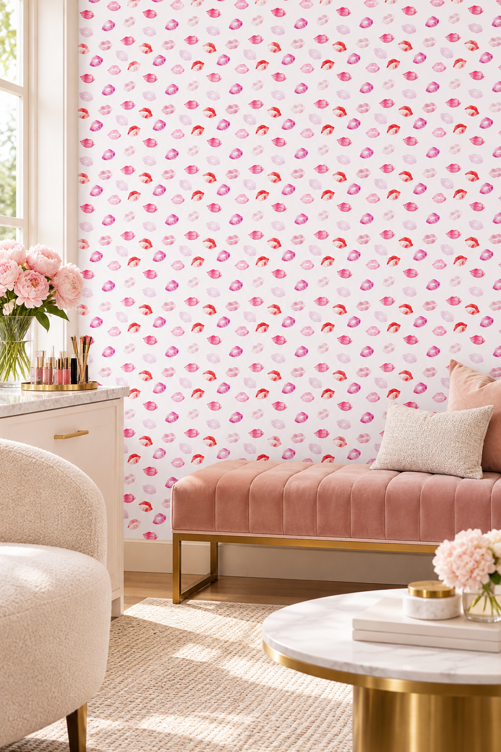 Durable textured vinyl wallpaper with repeating watercolor lipstick kiss marks in pink and red hues perfect for girl's bedrooms, bathrooms and beauty salons and makeup studios