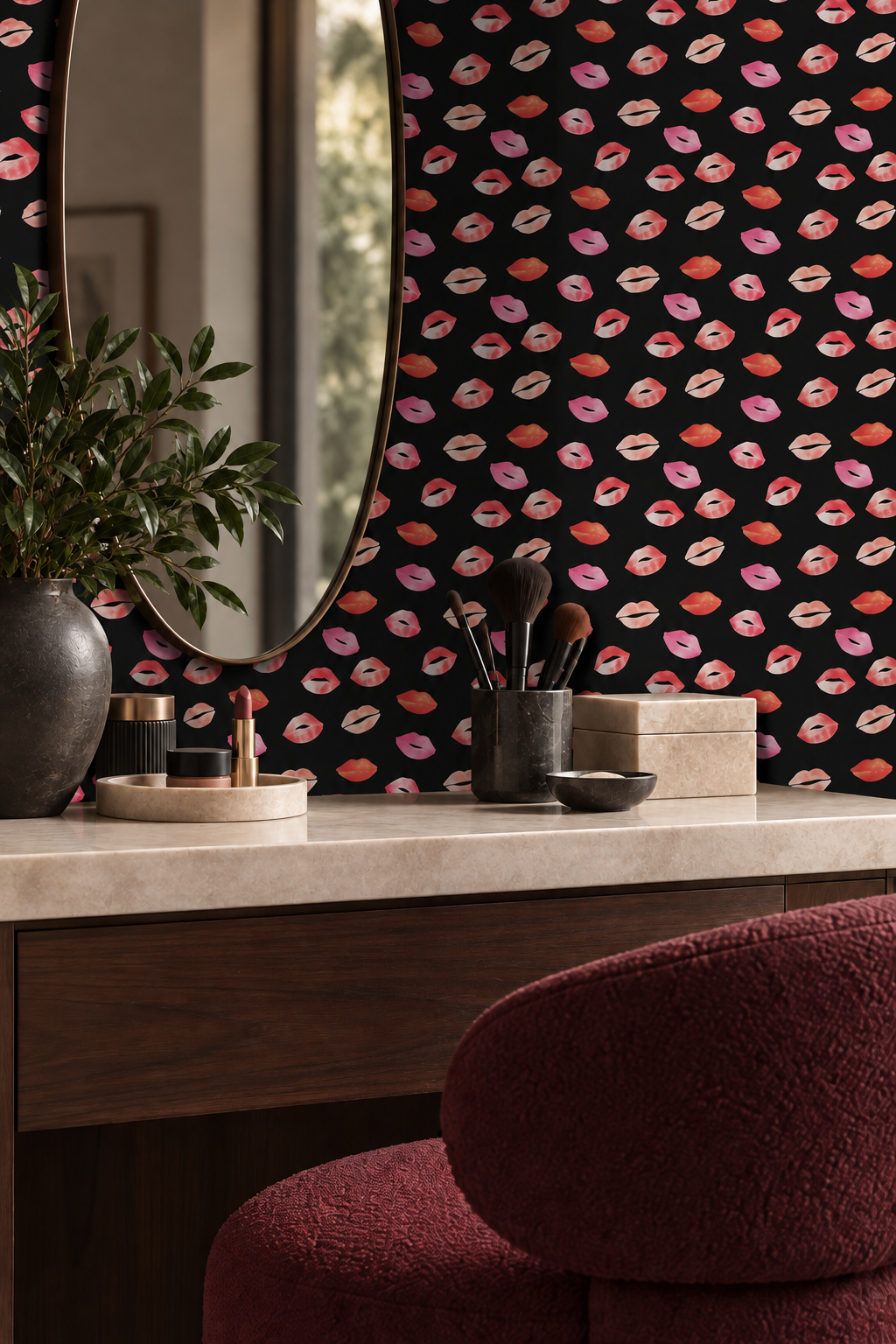 Matte wallpaper with watercolor lipstick kiss marks in soft pink and red shades for bathrooms, girl's bedrooms, and beauty salons and makeup studios