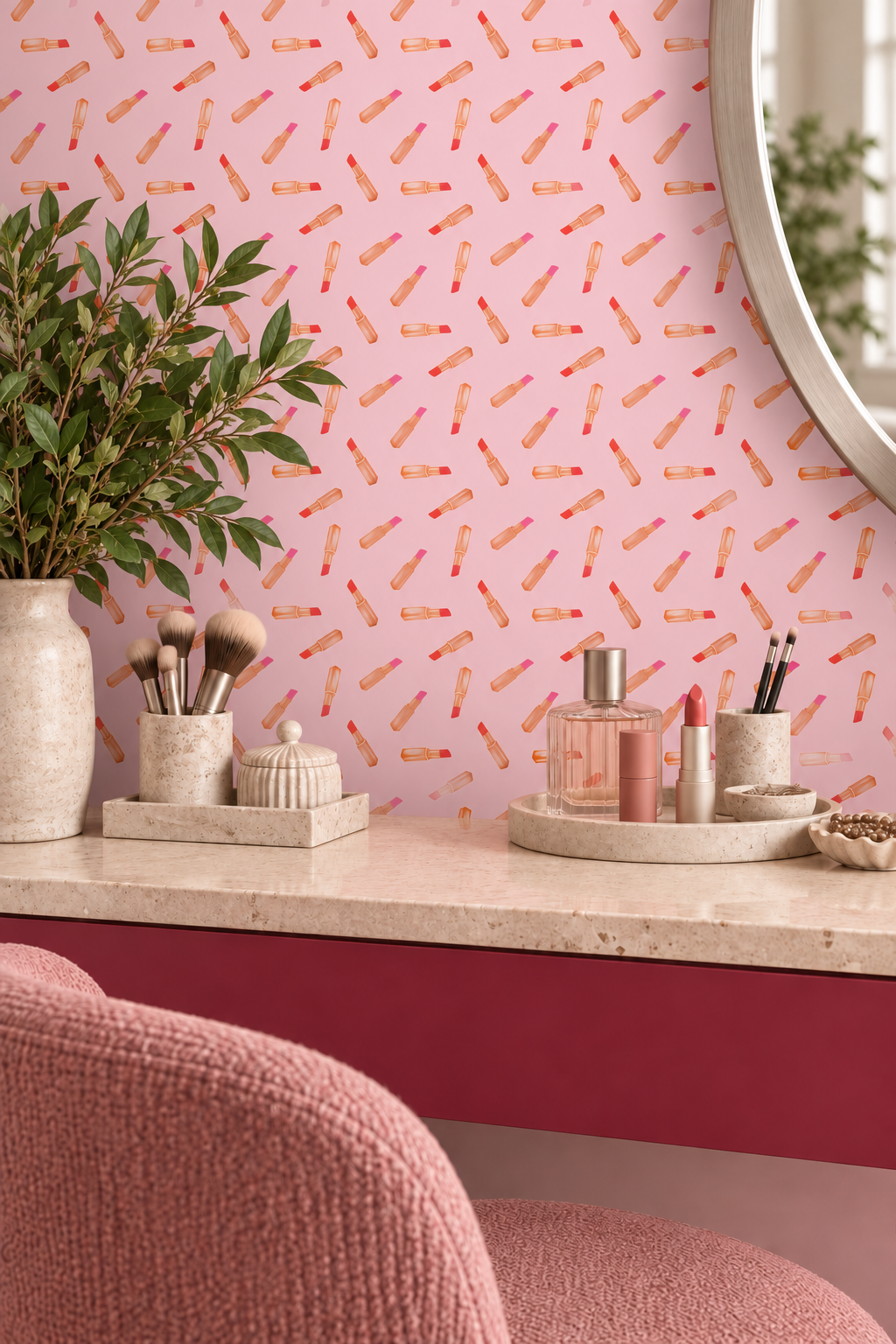 lipstick watercolor, salon wallpaper, beauty wallpaper, makeup wallpaper, bathroom girly wallpaper, performance vinyl wallpaper, water resistant and stain resistant wallpaper
