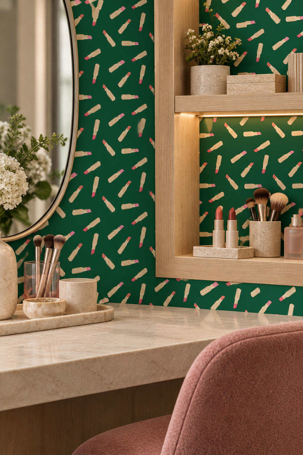 lipstick watercolor, salon wallpaper, beauty wallpaper, makeup wallpaper, bathroom girly wallpaper, performance vinyl wallpaper, water resistant and stain resistant wallpaper