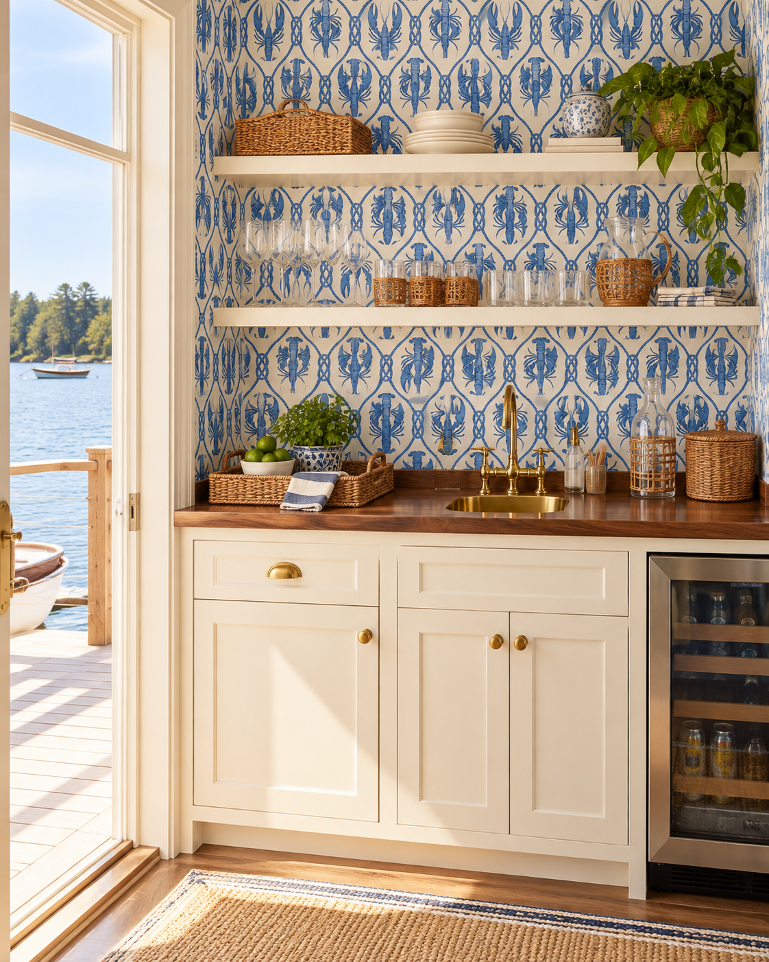 lobster geometric print in royal blue on white printed on performance vinyl wallcovering that is washable and stain resistant featured in this boat house bar in a coastal house
