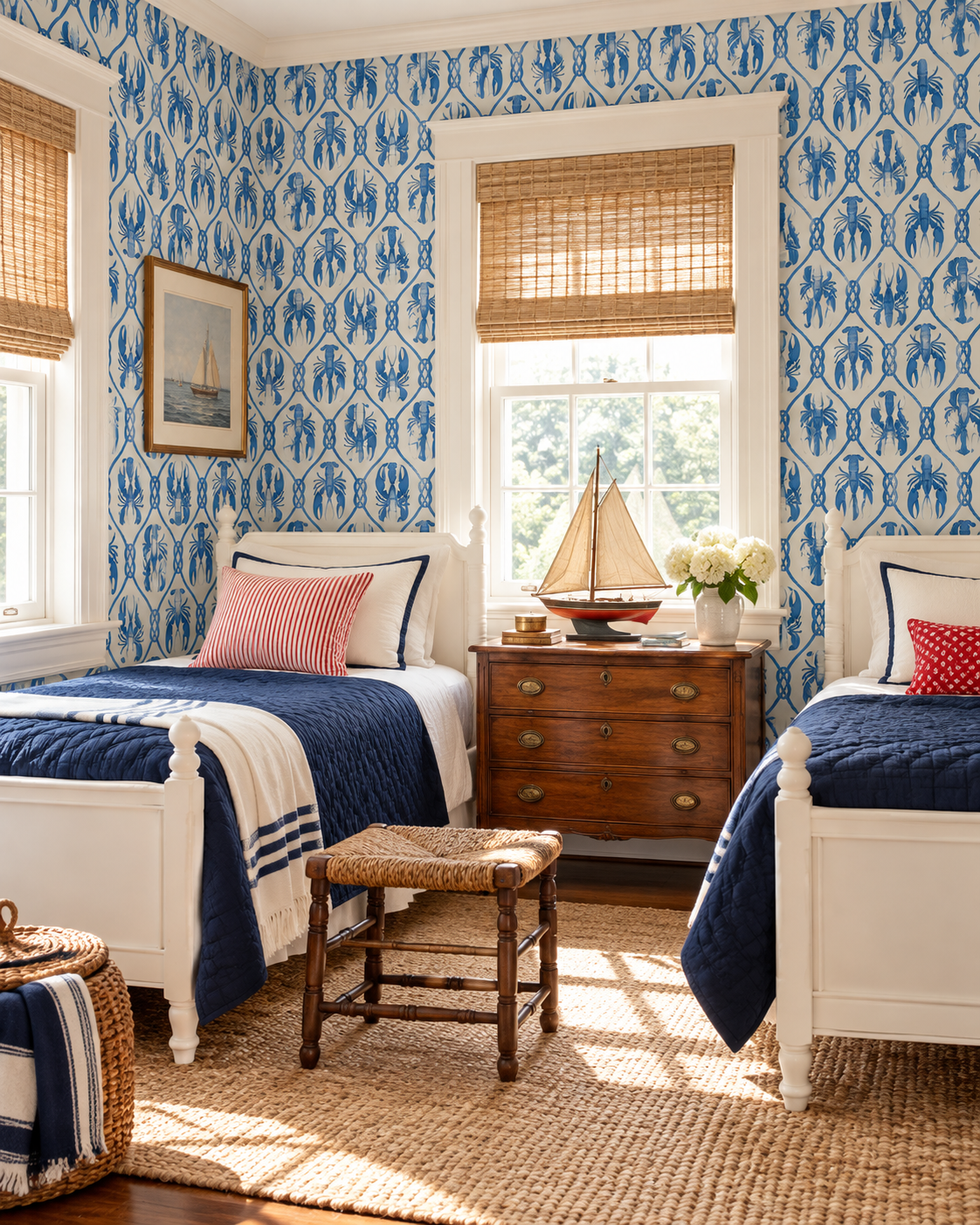 A styled bedroom interior with two white beds, navy blue bedding, blue patterned wallpaper, a wooden dresser, a small stool, and natural light coming through the windows. playful kids bunk room in coastal beach house with blue lobster geometric printed wall-covering