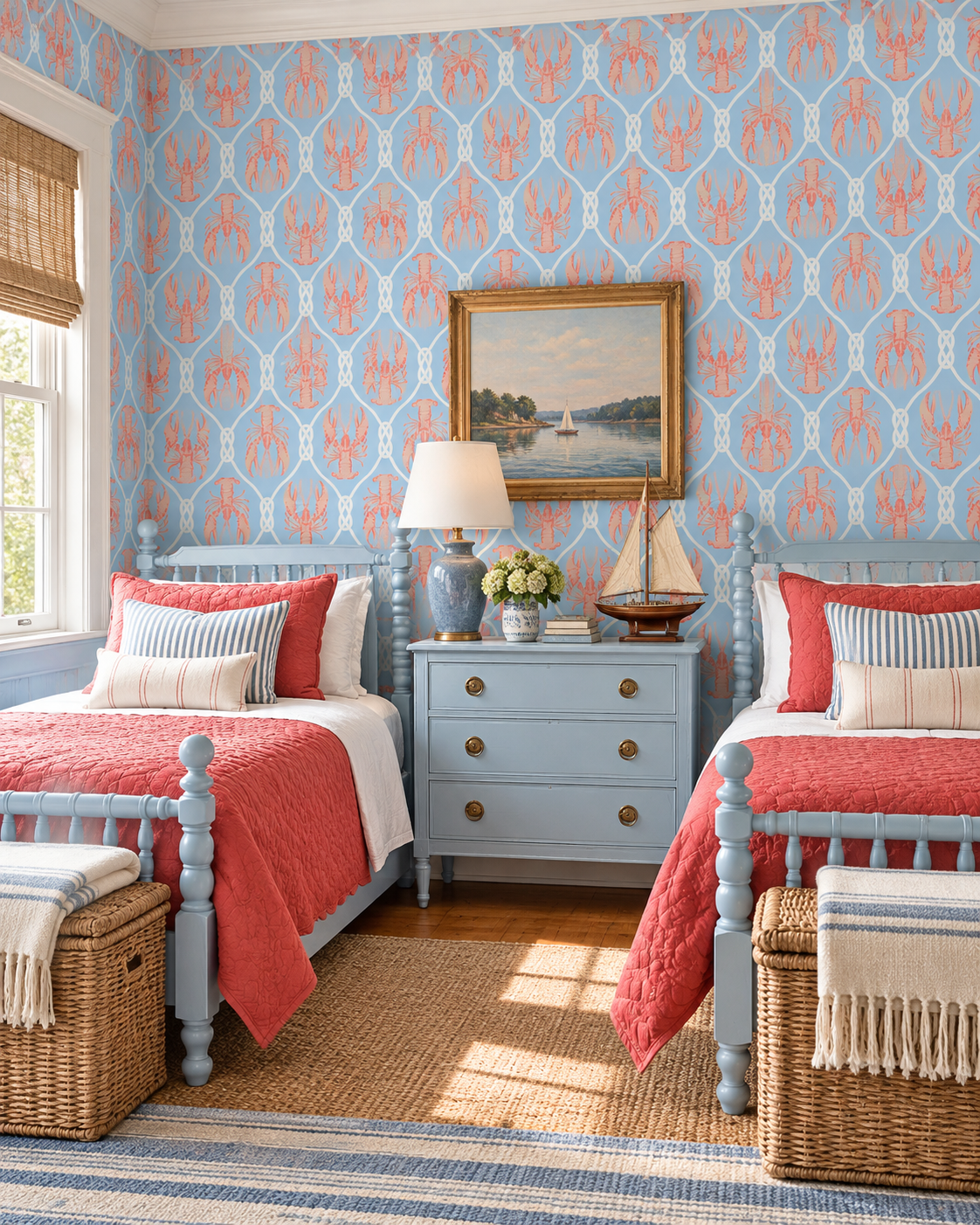 A styled children's bedroom featuring two light blue twin beds with coral-red and striped bedding, flanking a matching light blue three-drawer nightstand. The room is decorated with coral-red wallpaper, a framed landscape painting, a blue ceramic lamp, a model sailboat, and woven baskets on the floor. Featuring a bright and preppy wallpaper on light blue with coral colored lobsters and white nautical rope creating a geometrical design