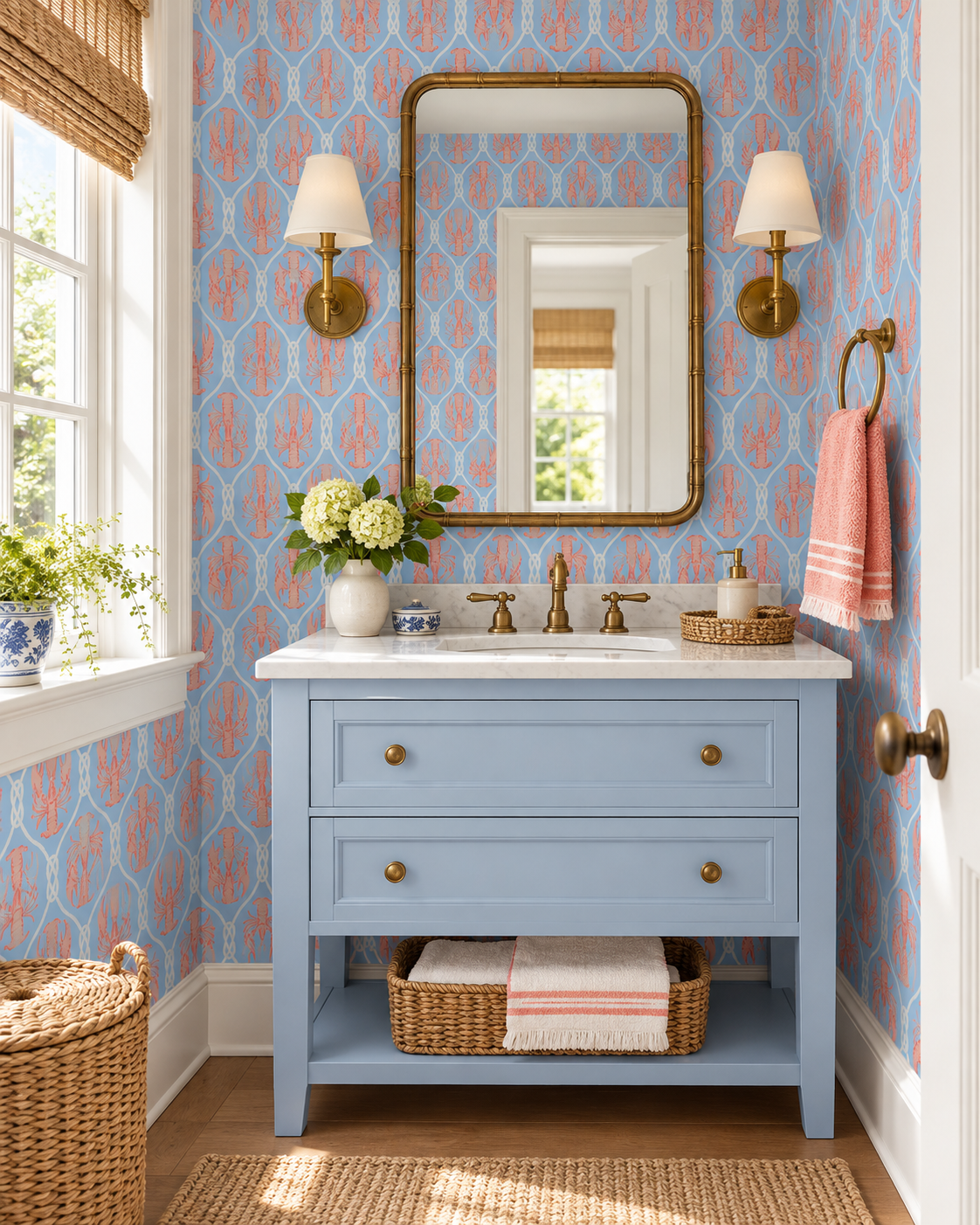 A styled bathroom vanity featuring a light blue wooden sink cabinet with brass hardware, a white marble countertop, and a large gold-framed mirror. The background is covered in blue and orange patterned wallpaper, flanked by two gold wall sconces and a pink towel on a ring. playful blue and pink nautical lobster wallpaper on commercial grade water and stain resistant performance vinyl wall-covering, great for bathrooms, kitchens and commercial spaces.