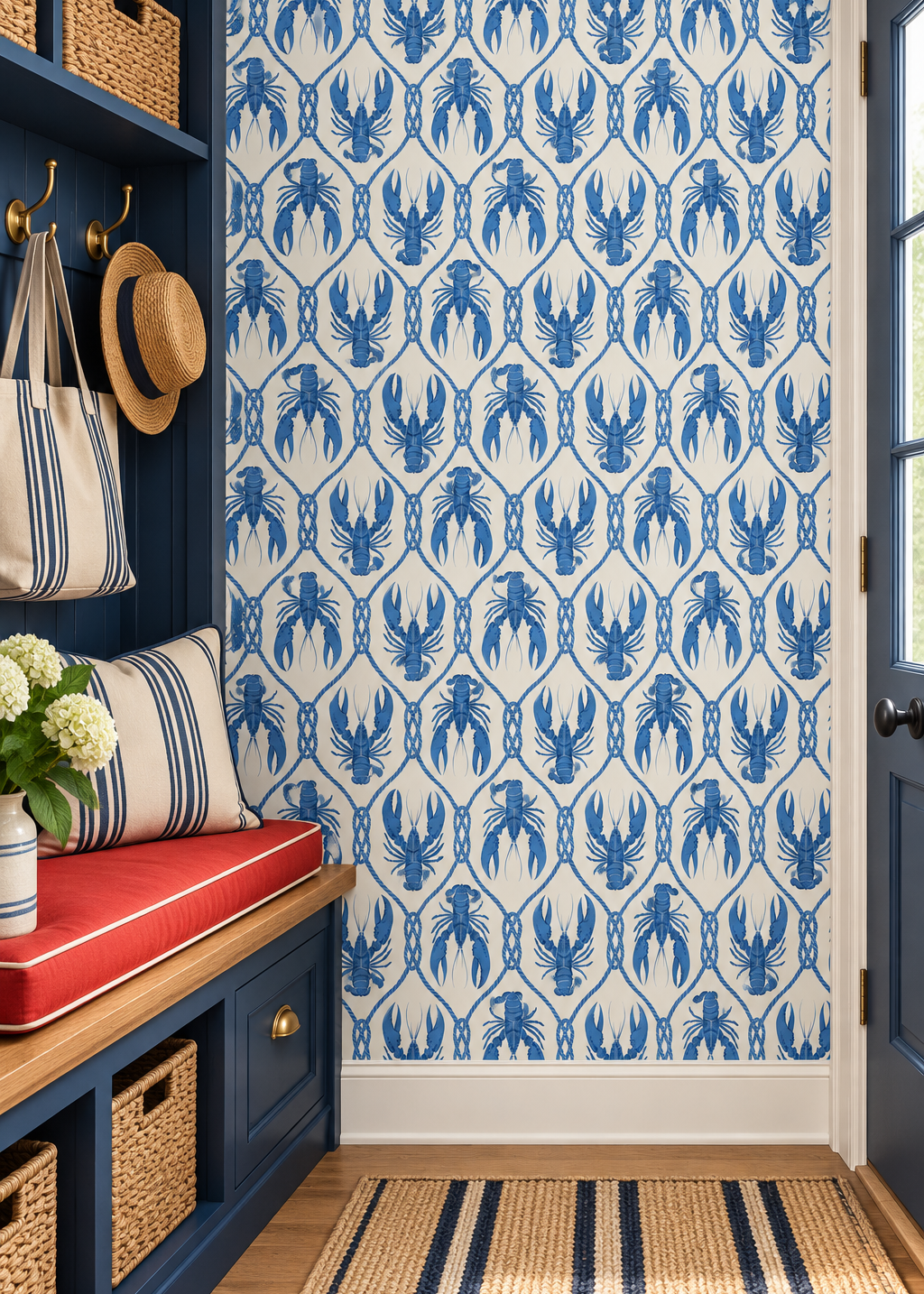 royal blue and  cream nautical lobster wallpaper on commercial grade water and stain resistant performance vinyl wall-covering, great for bathrooms, kitchens and commercial spaces