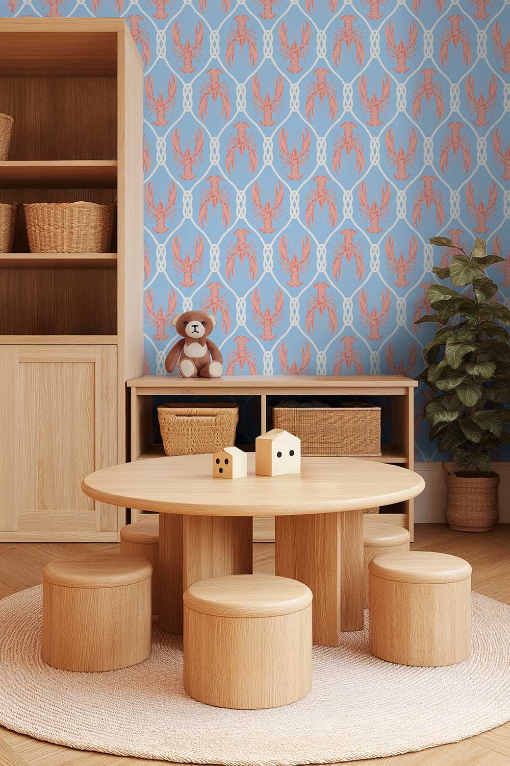 playful nautical inspired lobster and rope animal printed wallpaper in geometric layout for kid's bedrooms and playrooms