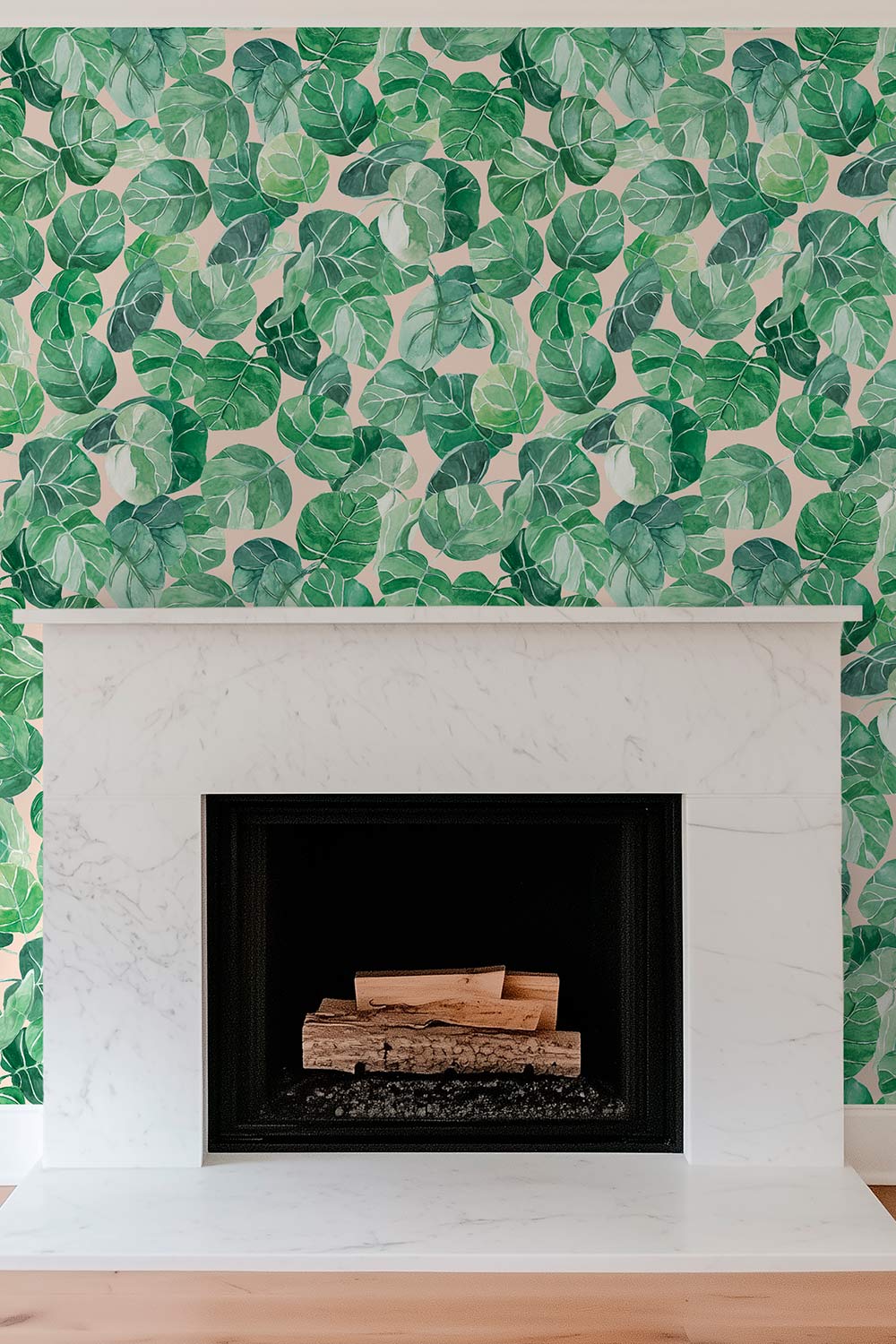 Hand-painted watercolor tropical leaf wallpaper printed on natural grasscloth, shown in navy, white, peach, and light blue colorways.