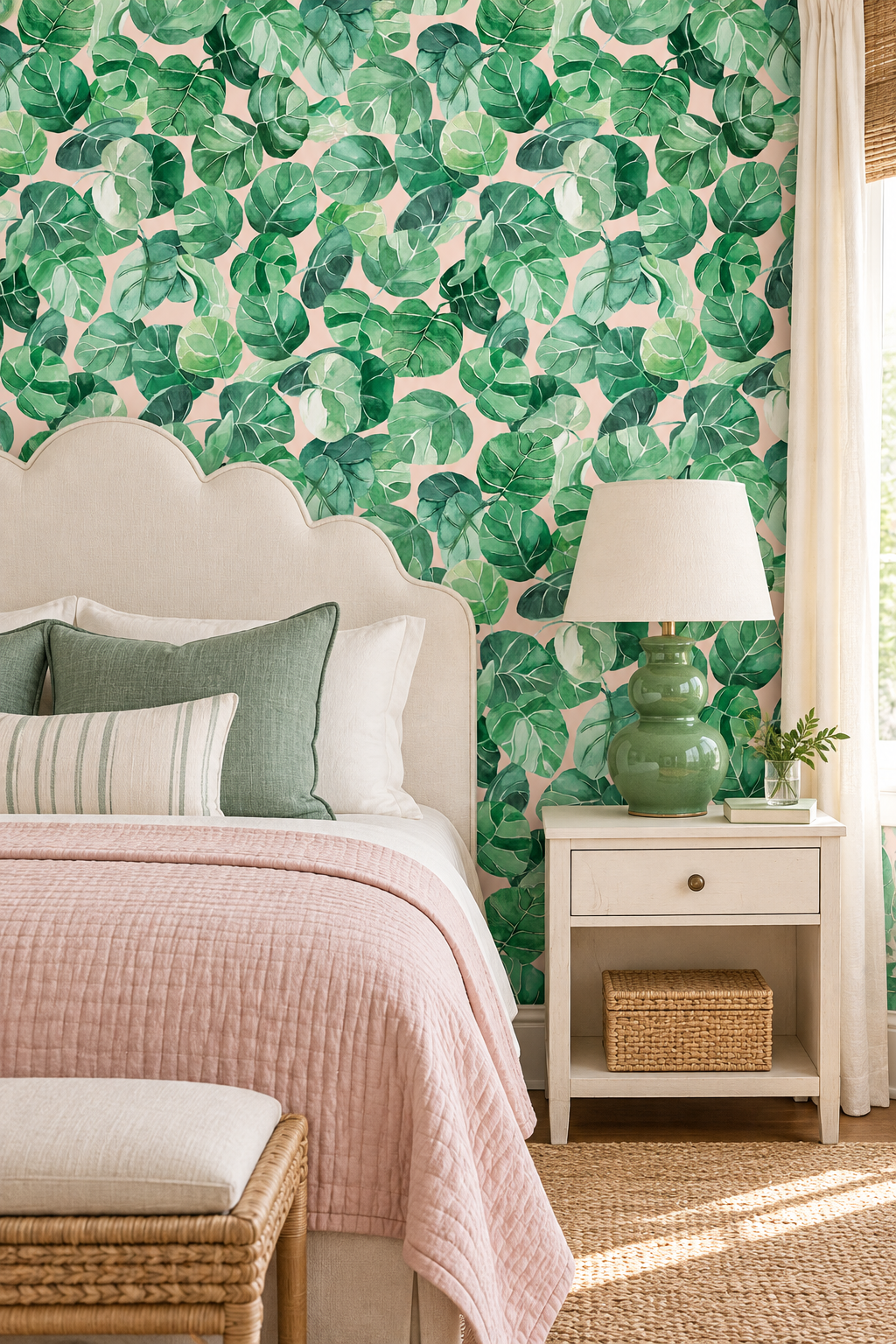 Hand-painted watercolor tropical leaf wallpaper printed on natural grasscloth, shown in navy, white, peach, and light blue colorways.
