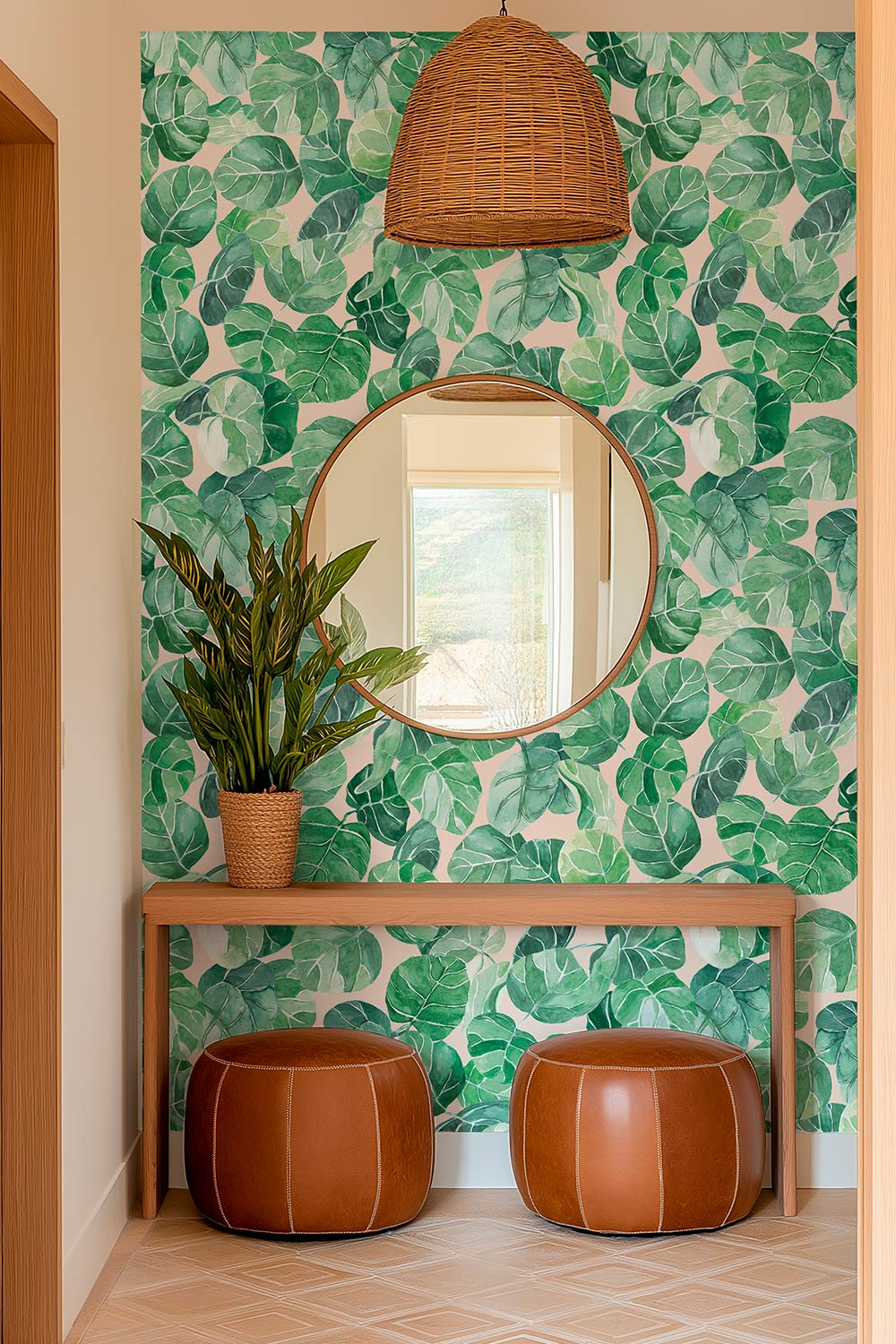 Watercolor leafy botanical wallpaper with layered tropical leaves in green hues, shown in navy, white, peach, and light blue backgrounds.