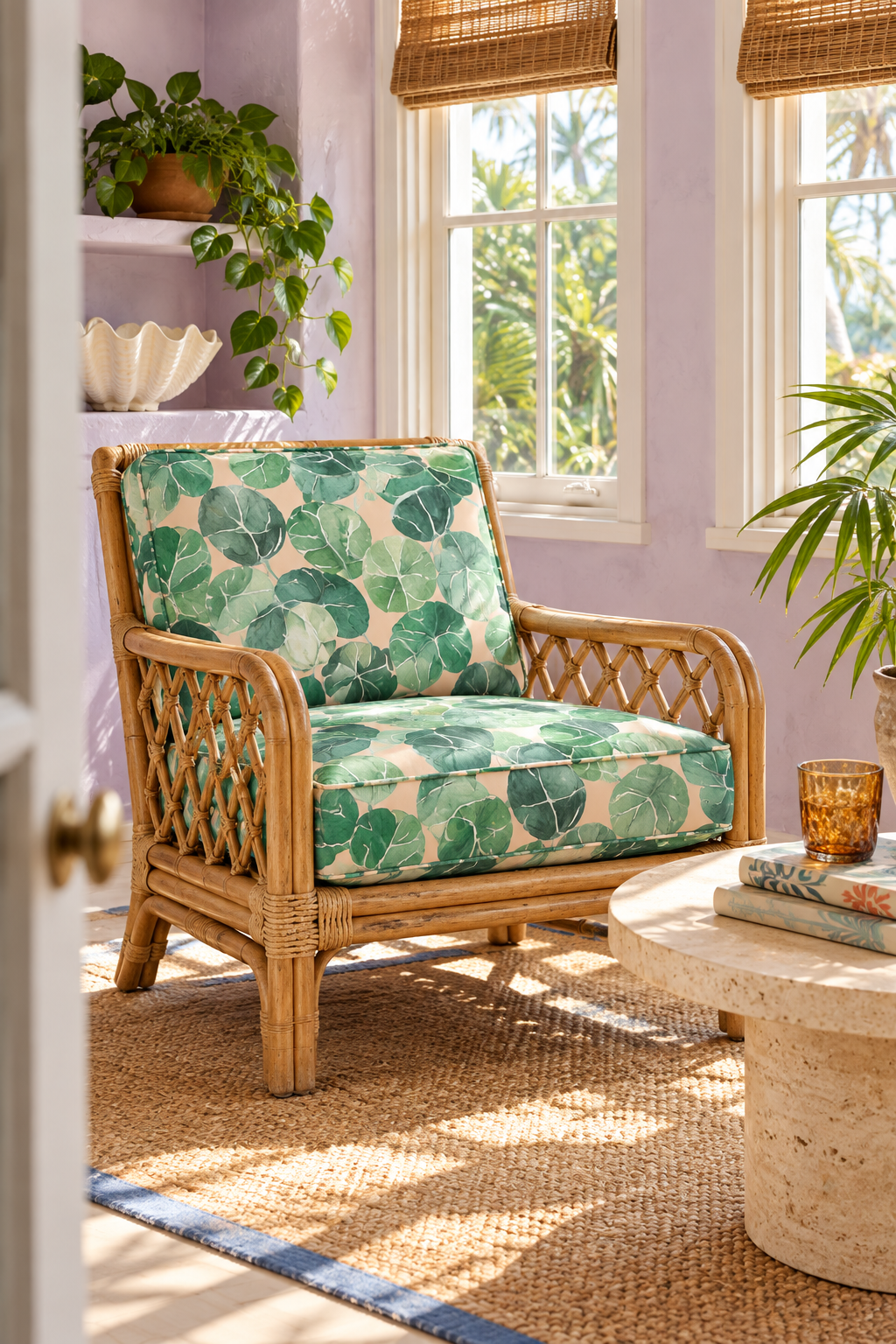 Tropical botanical upholstery fabric with large-scale hand-painted watercolor leaves in layered shades of green, inspired by coastal landscapes on light pink ground color.