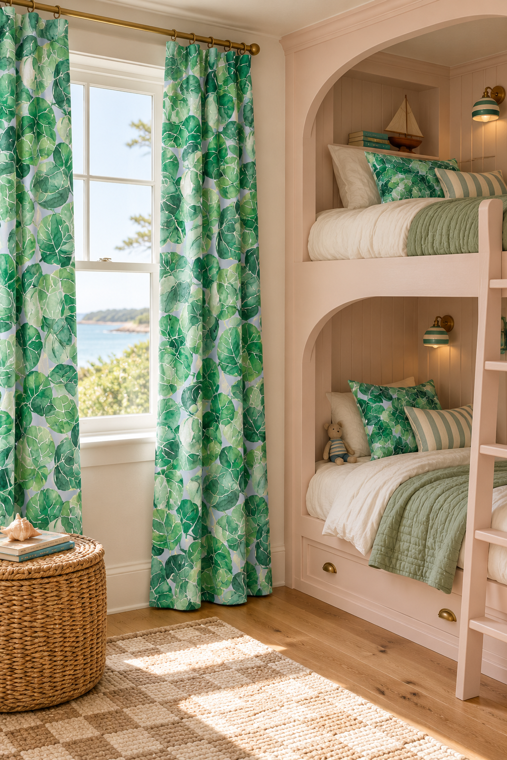 Green tropical leaf print curtains hanging on a window in a bright, sunlit children's bedroom with built-in bunk beds and wood floors.