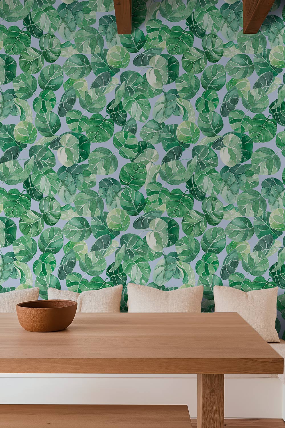 Watercolor leafy botanical wallpaper with layered tropical leaves in green hues, shown in navy, white, peach, and light blue backgrounds.