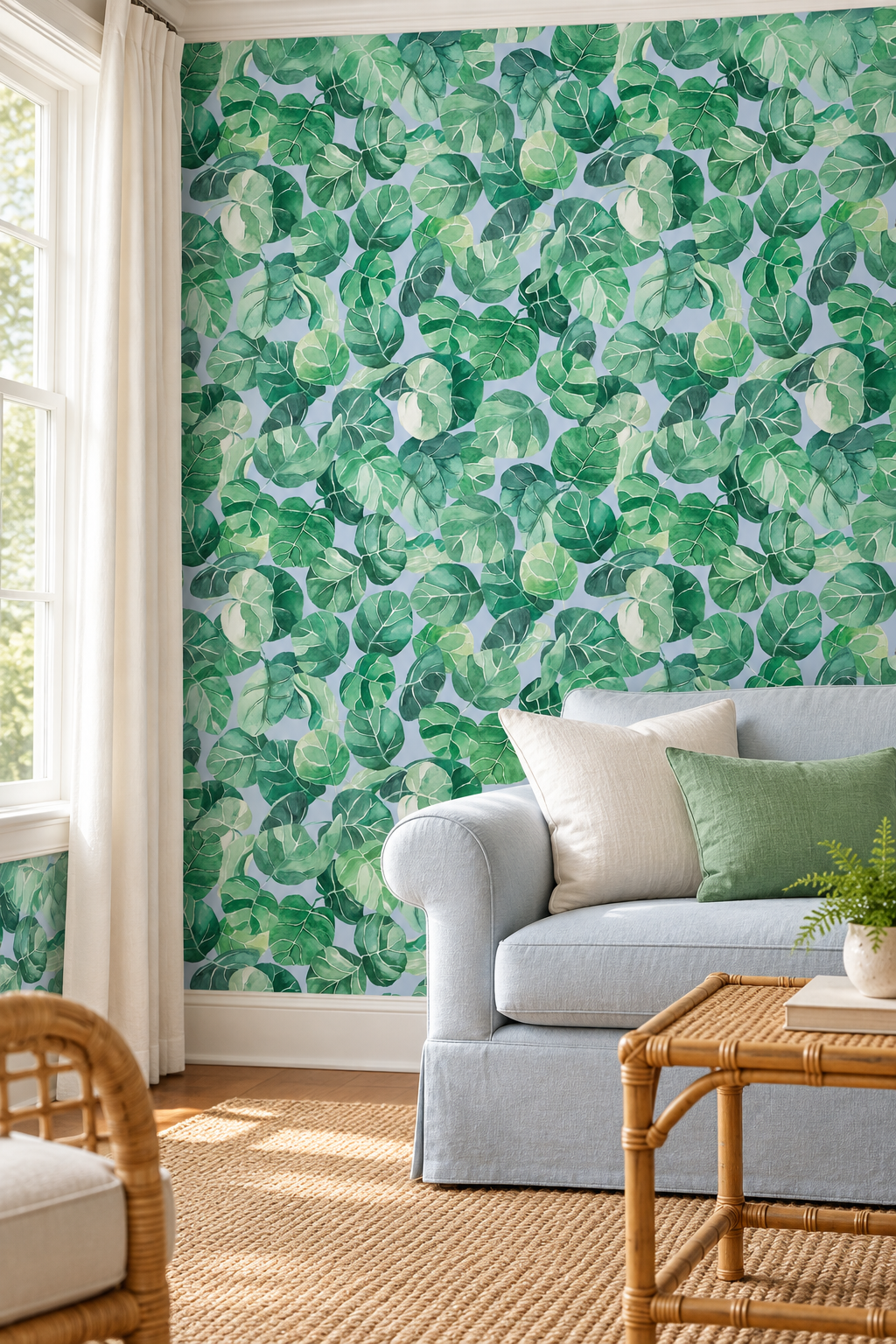 Hand-painted watercolor tropical leaf wallpaper printed on natural grasscloth, shown in navy, white, peach, and light blue colorways.