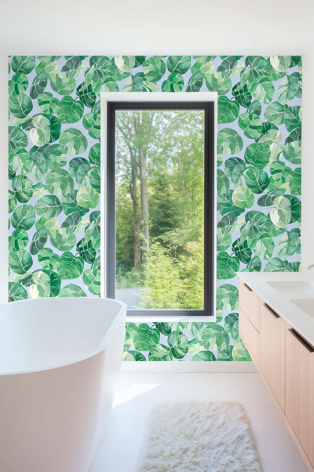 Textured performance vinyl wallpaper featuring large-scale watercolor tropical leaves in layered greens, available in multiple coastal base colors.