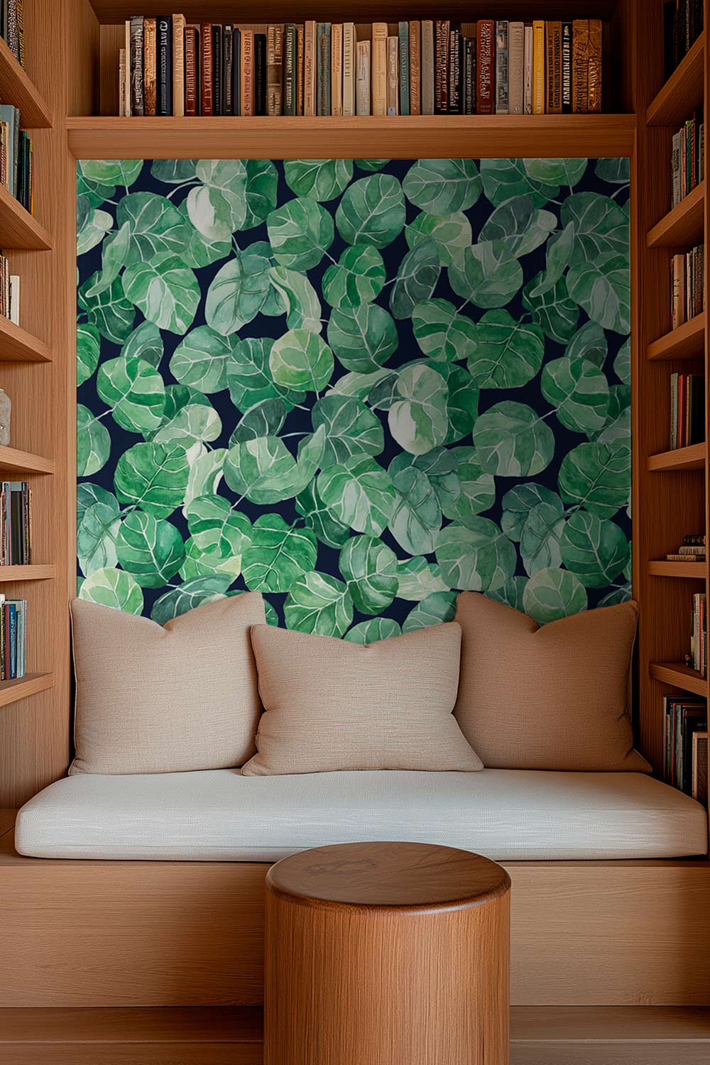 Hand-painted watercolor tropical leaf wallpaper printed on natural grasscloth, shown in navy, white, peach, and light blue colorways.