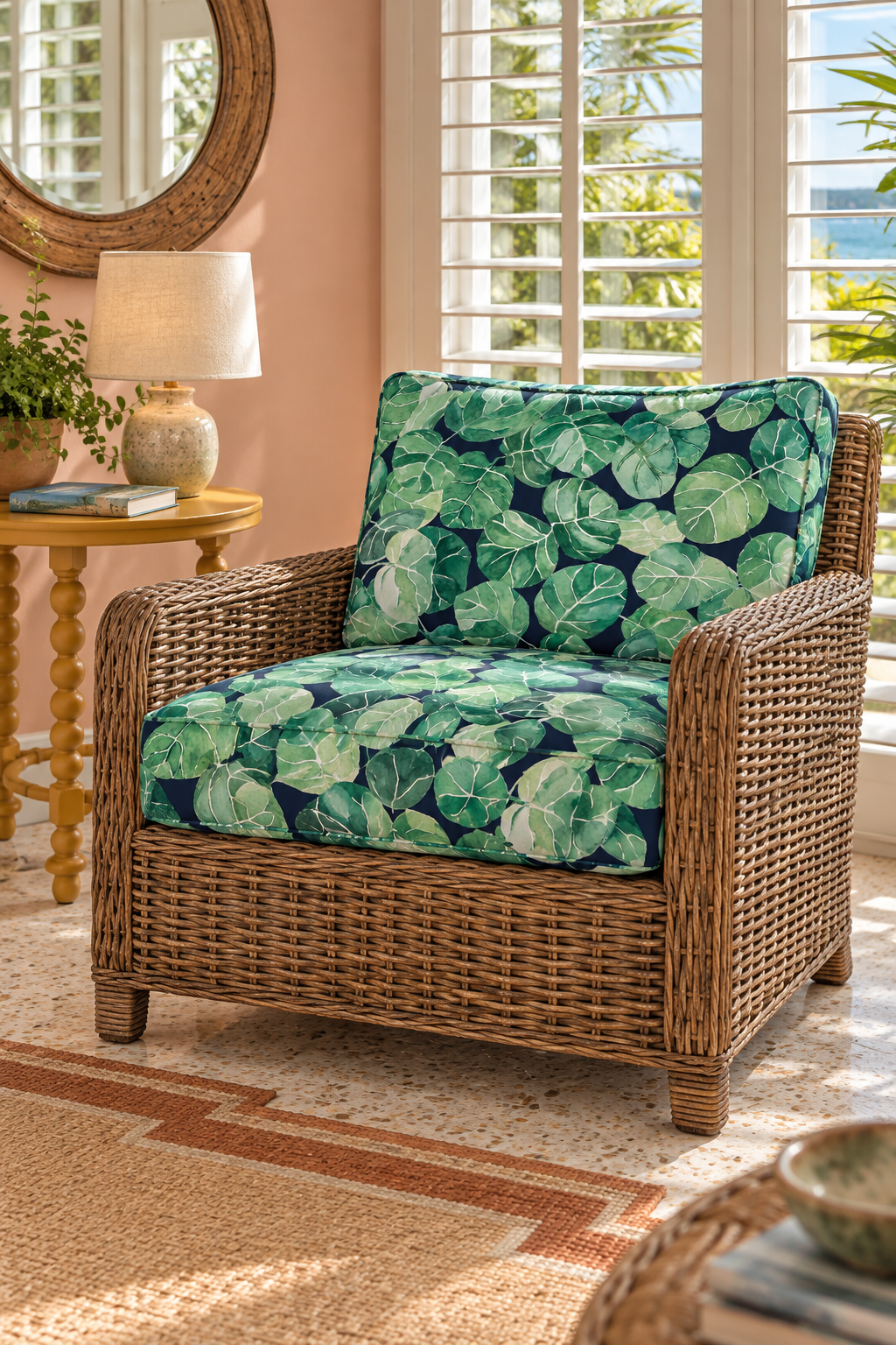 A wicker armchair with green tropical leaf-print cushions, set in a sunlit room with a side table, lamp, and window shutters.