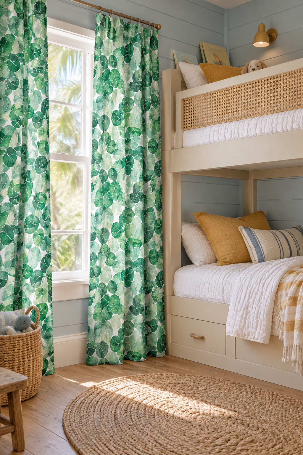 Tropical botanical upholstery fabric curtains with large-scale hand-painted watercolor leaves in layered shades of green, inspired by coastal landscapes on white base featured in this beach house bunk room