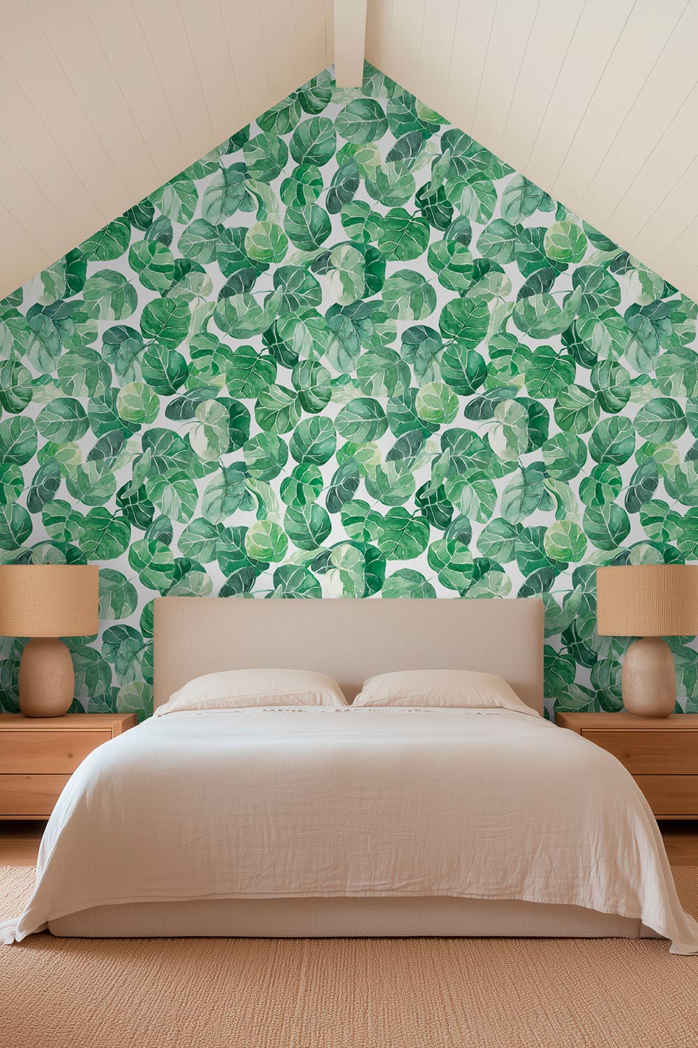 Hand-painted watercolor tropical leaf wallpaper printed on natural grasscloth, shown in navy, white, peach, and light blue colorways.