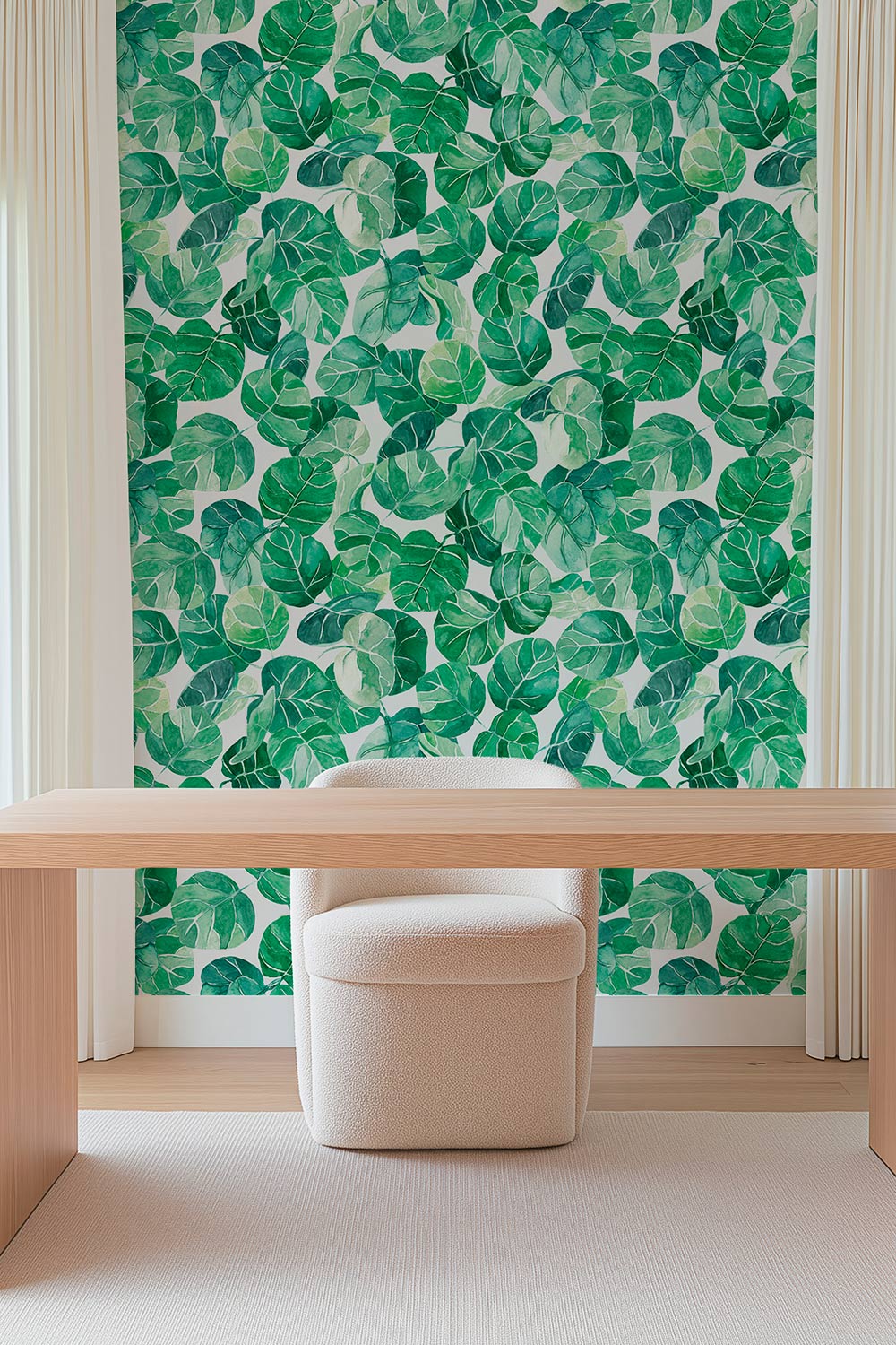 Watercolor leafy botanical wallpaper with layered tropical leaves in green hues, shown in navy, white, peach, and light blue backgrounds.
