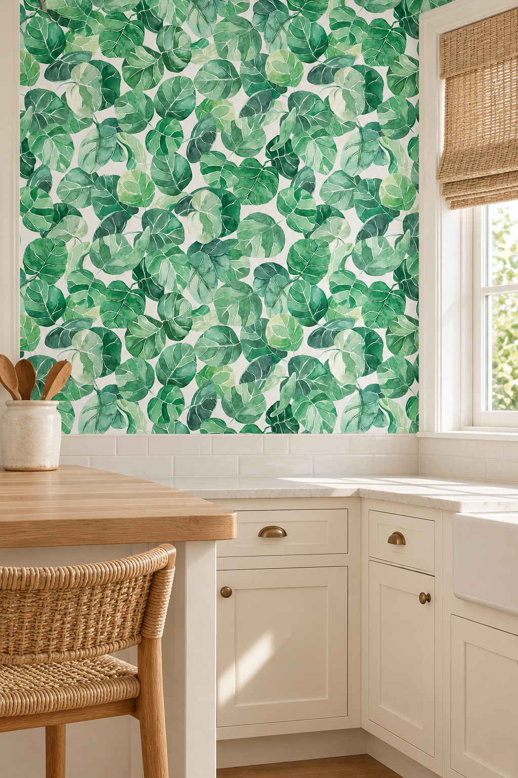 Textured performance vinyl wallpaper featuring large-scale watercolor tropical leaves in layered greens, available in multiple coastal base colors.