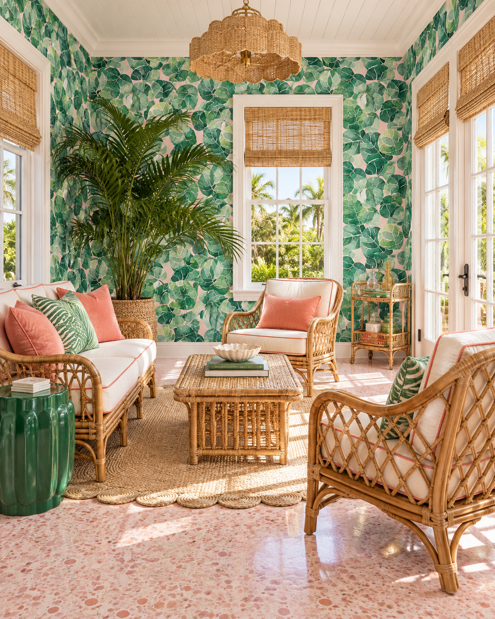 A tropical-themed living room featuring green palm leaf wallpaper, natural wicker furniture, pink and green pillows, a large potted palm, and a pink-and-white terrazzo floor.