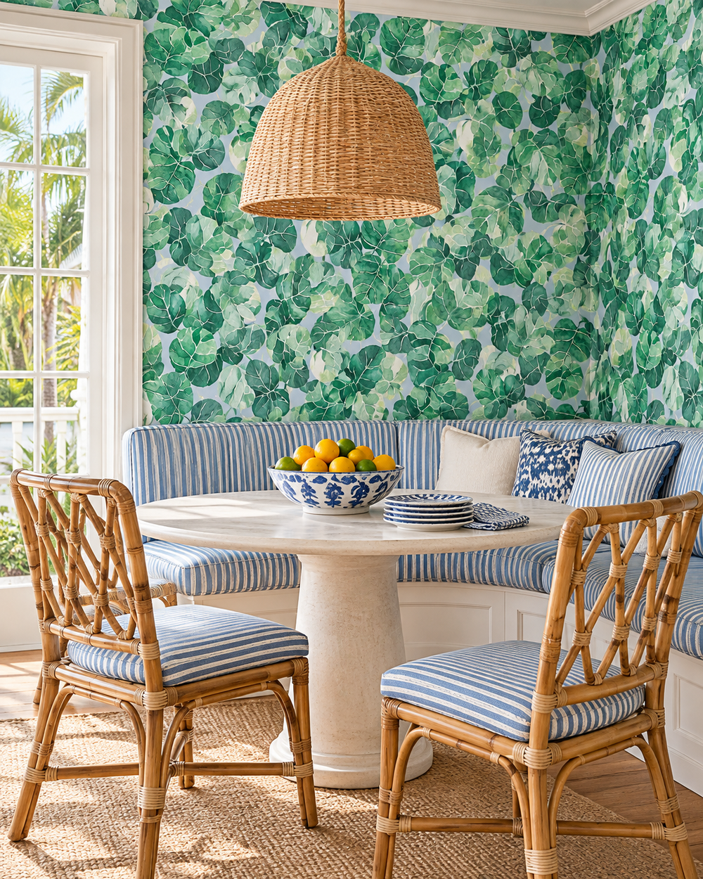 A bright dining nook with green tropical leaf wallpaper, a round white pedestal table, blue-and-white striped bench seating, two woven bamboo chairs, and a large wicker pendant light hanging above.