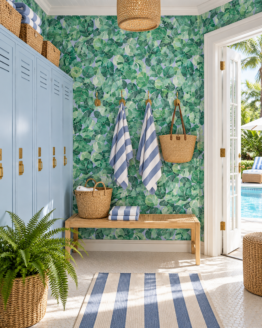A bright entryway or poolside changing area with green tropical leaf wallpaper, a light blue locker cabinet, a wooden bench, blue-and-white striped towels, woven baskets, and an open door leading to a swimming pool.