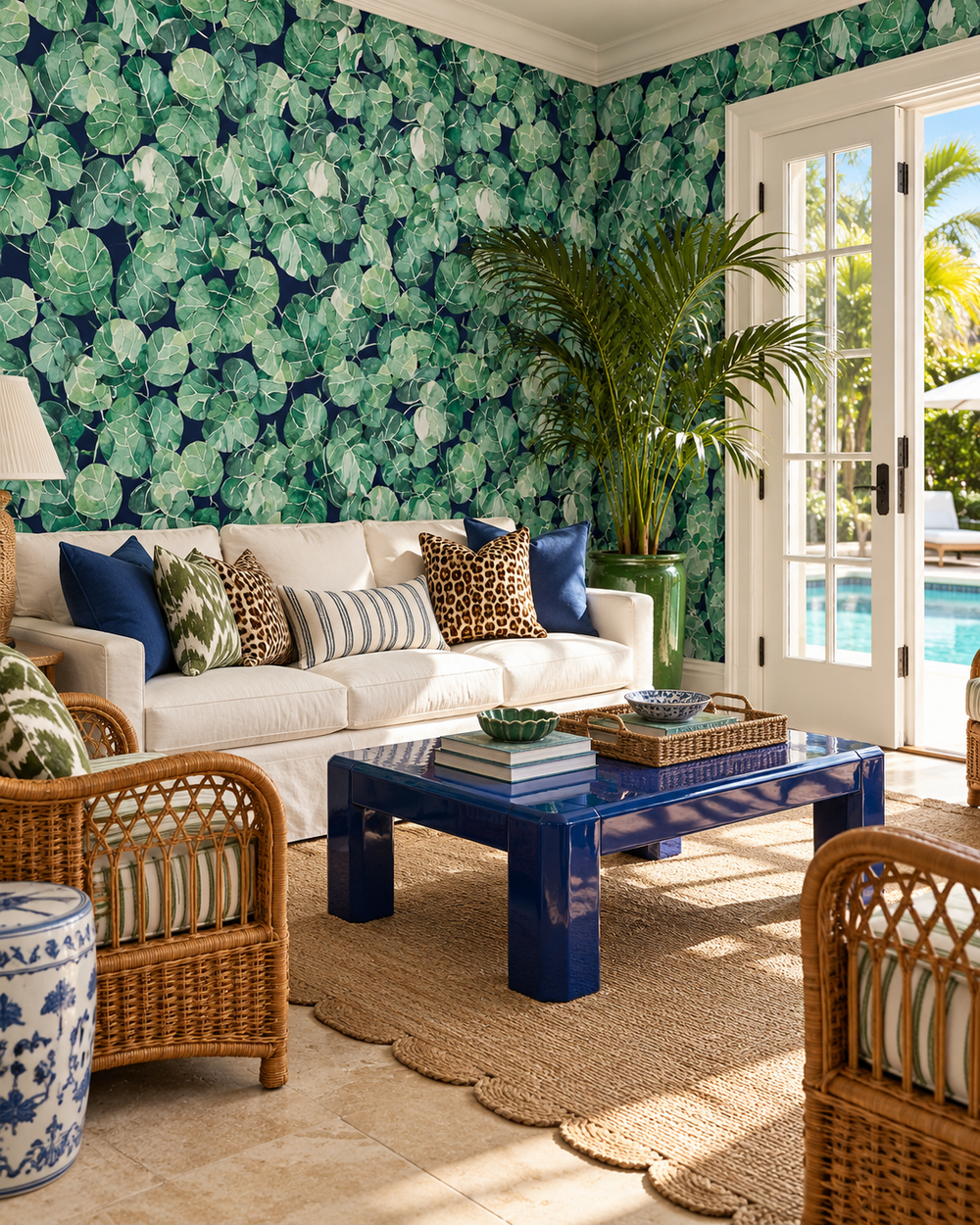 A styled living room featuring a white sofa with blue and patterned pillows, a glossy cobalt blue coffee table, wicker armchairs, and a large green leaf patterned wallpaper on the wall. A potted palm and a glass door leading to a pool are visible in the background.