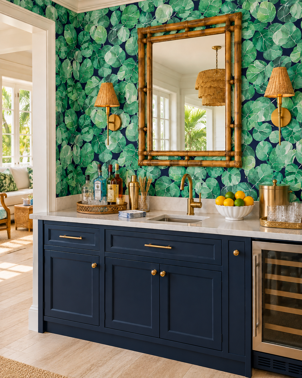 Textured performance vinyl wallpaper featuring large-scale watercolor tropical leaves in layered greens, available in multiple coastal base colors.