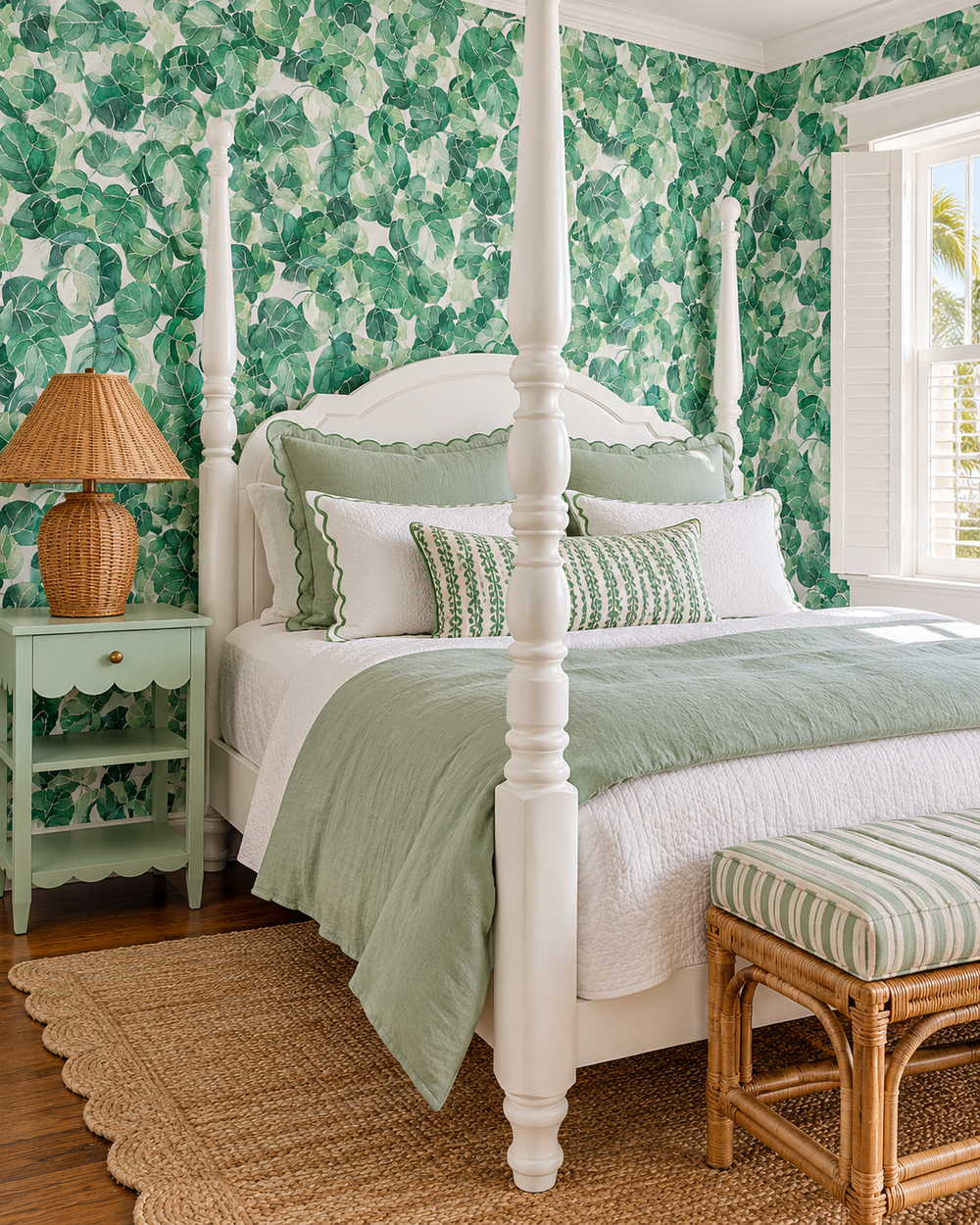 Hand-painted watercolor tropical leaf wallpaper printed on natural grasscloth shown in this luxury coastal bedroom
