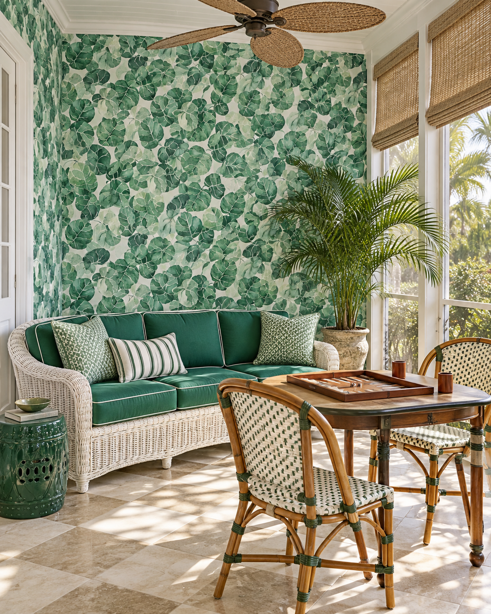 Watercolor leafy botanical wallpaper with layered tropical leaves in green hues, shown in navy, white, peach, and light blue backgrounds.