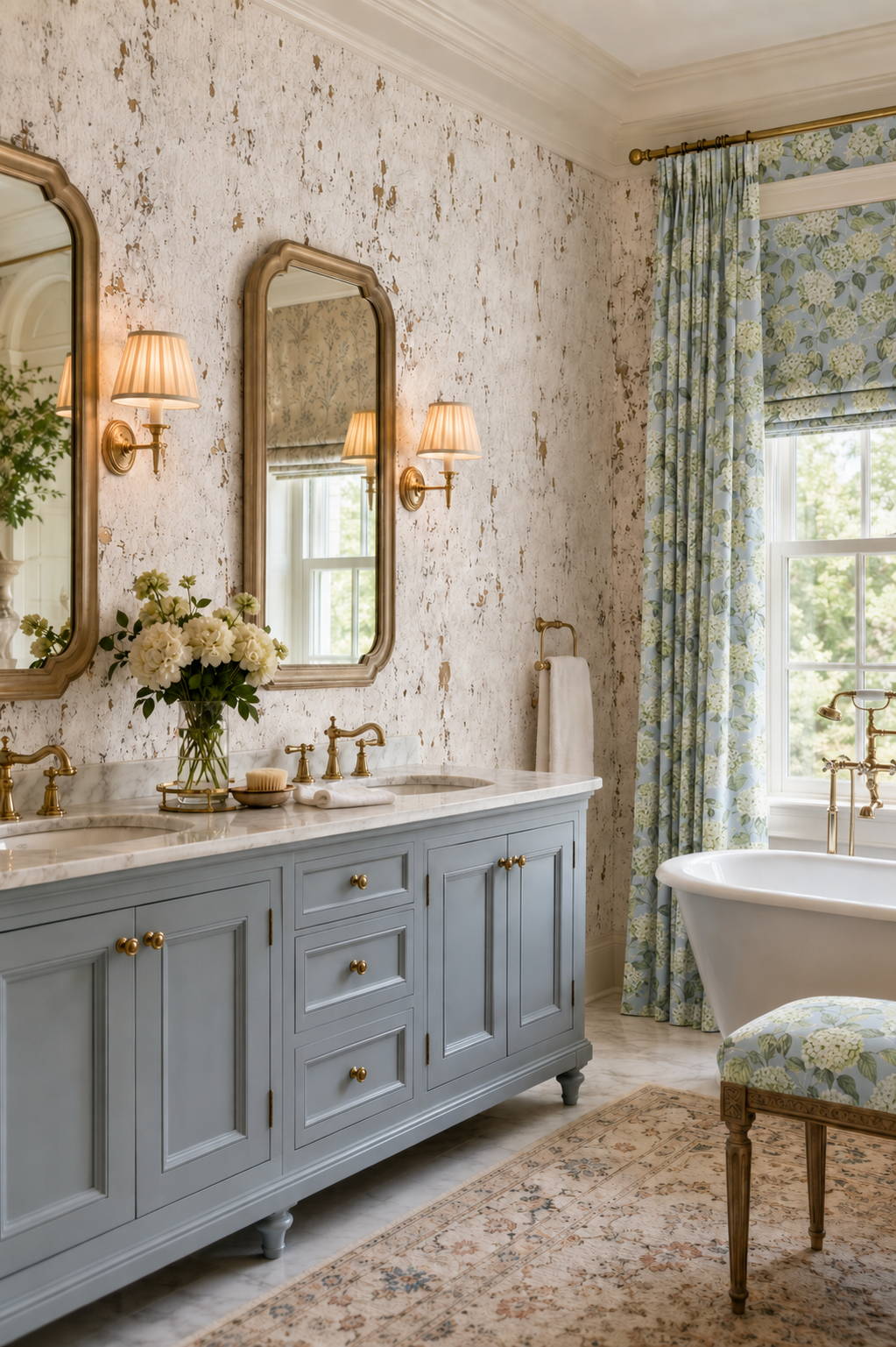 Whitewashed Textured Cork Wallpaper — close-up of white cork wallpaper with distressed, rustic texture and natural cork undertones fused to a metallic gold backing featured in this luxury master bathroom