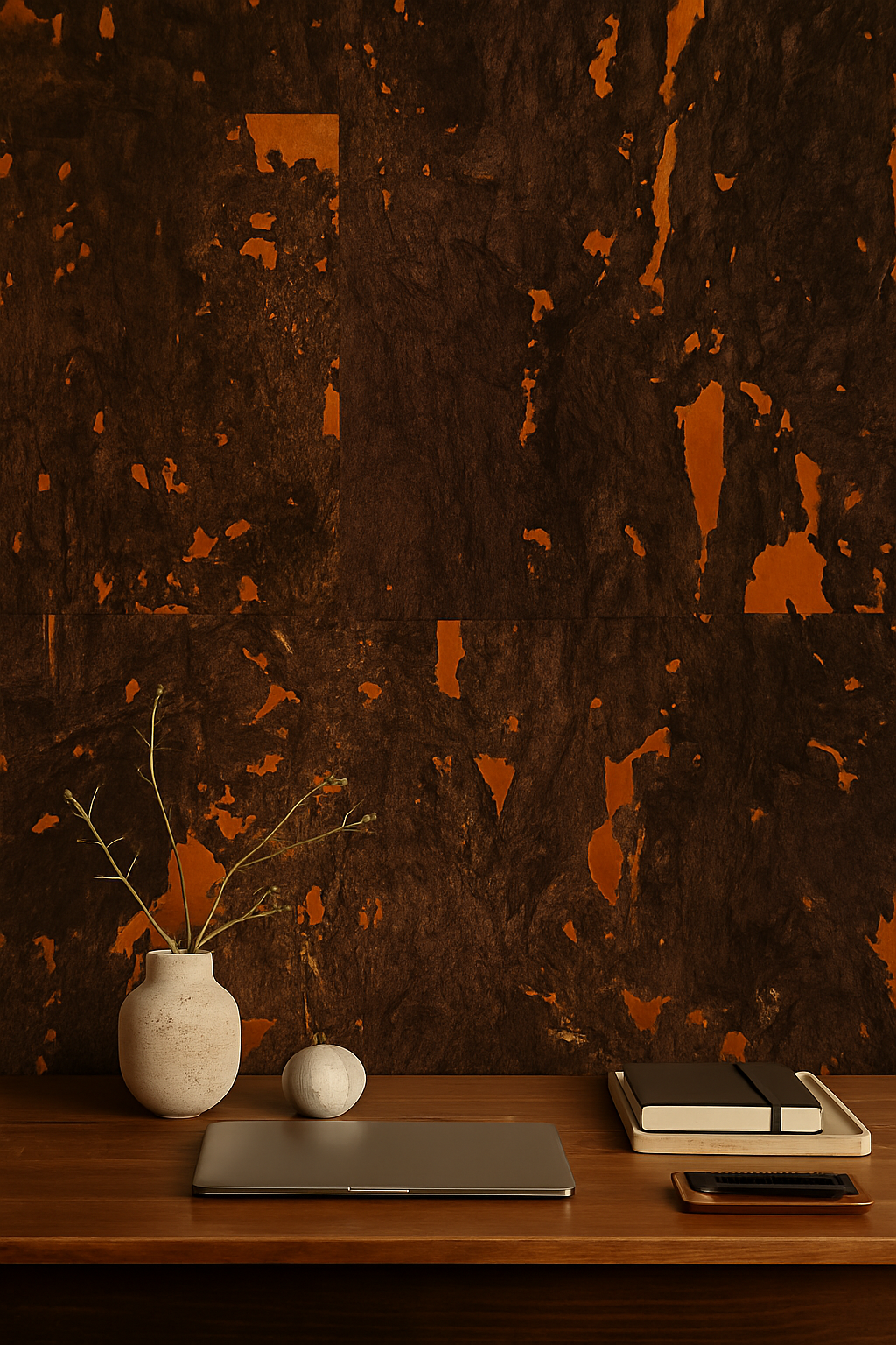 ark Cork Wallpaper with Copper Accents — close-up of deep brown cork wallpaper featuring bold metallic copper highlights.