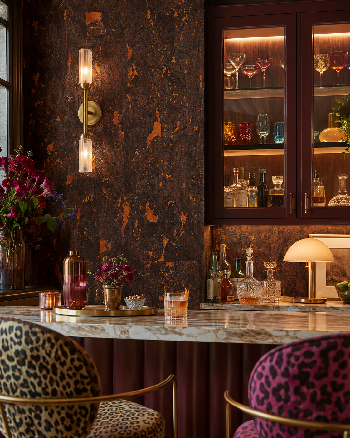 Luxury Natural Cork Wallpaper Brown on Copper Metallic featured in this luxury home bar