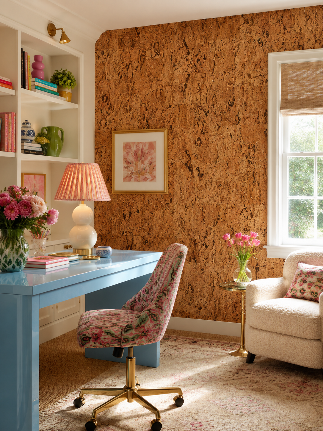 Luxury Natural Cork Wallpaper | Classic Brown on Bronze Metallic featured in a luxury home office