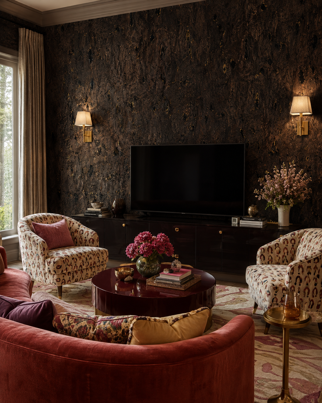 Luxury Natural Cork Wallpaper Dark Brown on Black Metallic featured in this luxury home living room