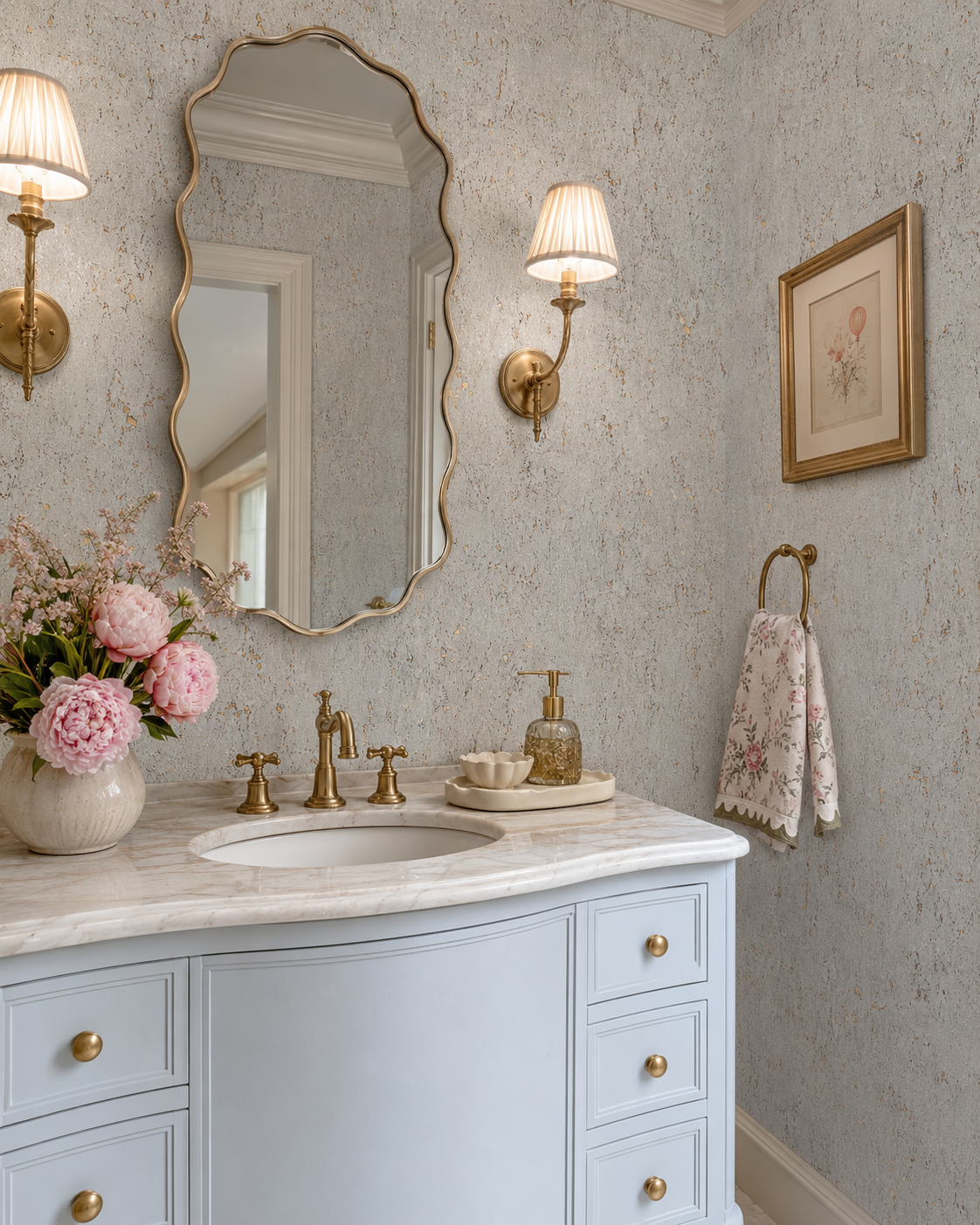Luxury Natural Cork Wallpaper Painted Grey on Gold Metallic featured in this feminine designer bathroom
