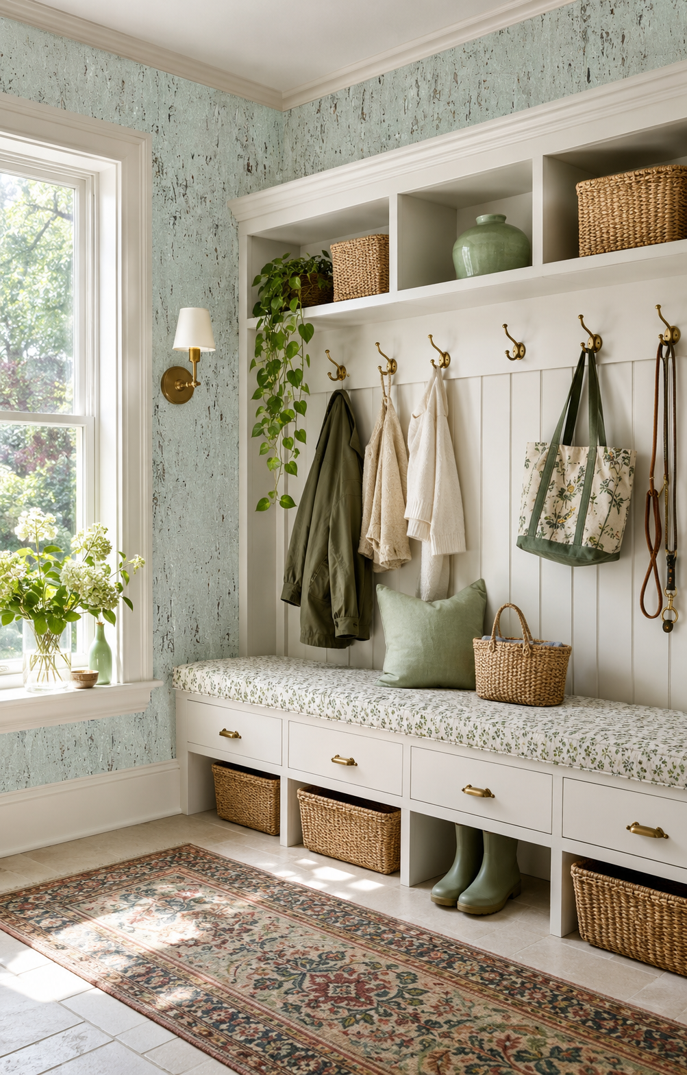 Luxury Natural Cork Wallpaper | Pale Green with Silver Metallic installed in a cozy mudroom