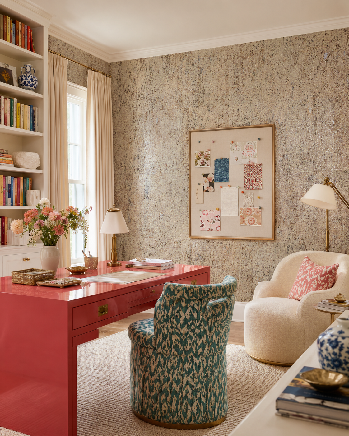 Luxury Natural Cork Wallpaper Shimmer Beige on Silver Metallic featured in this luxury home office