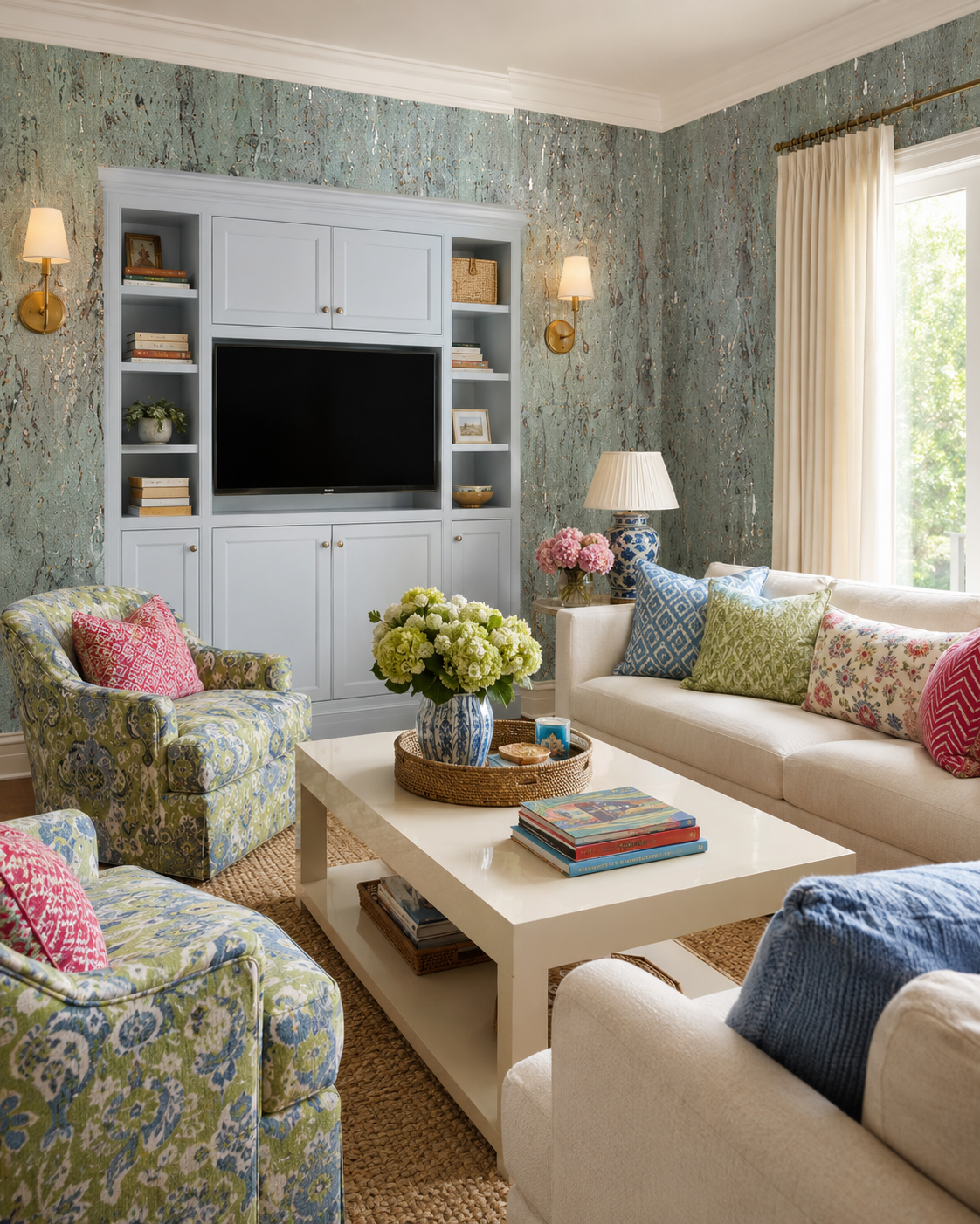 Luxury Natural Cork Wallpaper Shimmering Green on Silver Metallic featured here in this designer living room
