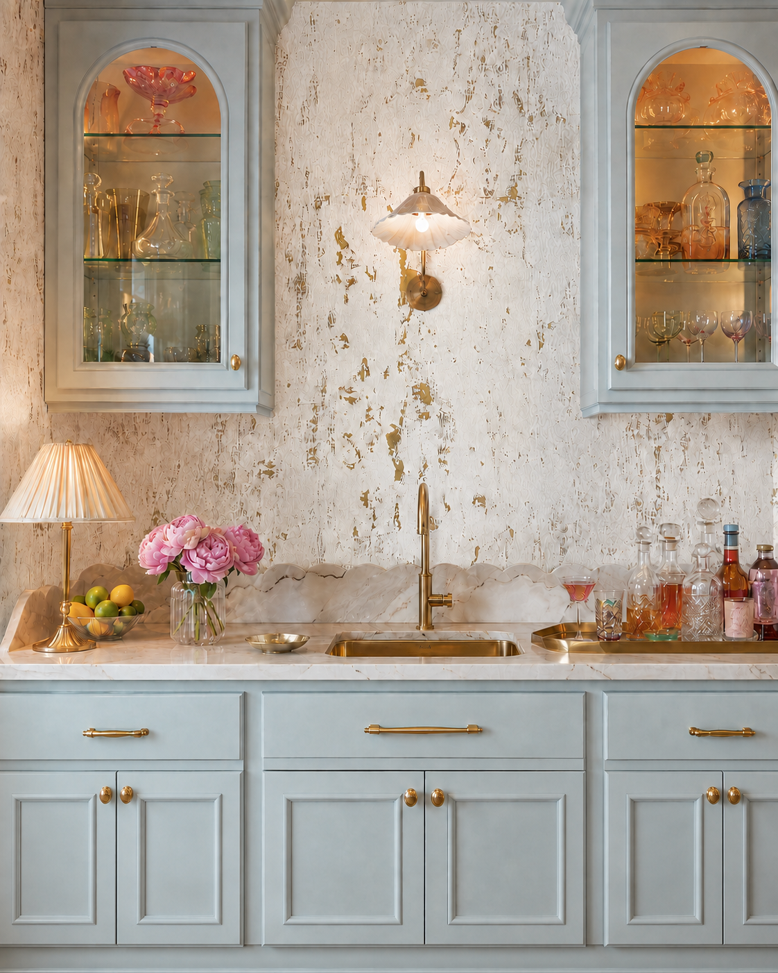 Whitewashed Textured Cork Wallpaper — close-up of white cork wallpaper with distressed, rustic texture and natural cork undertones fused to a metallic gold backing featured in this luxury home wet bar