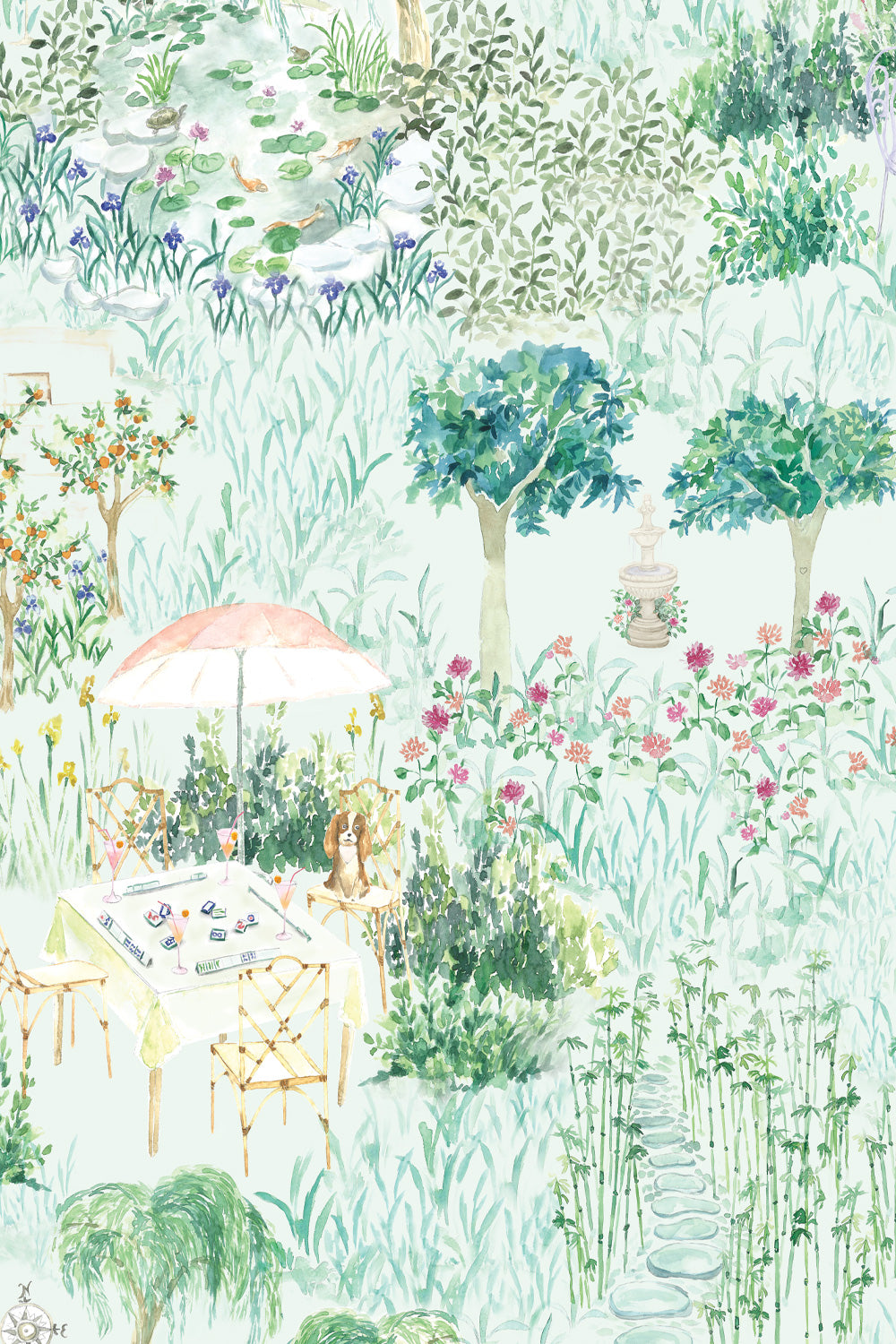 garden toile wallpaper, mahjong inspired wallpaper, chinoiserie garden wallpaper, watercolor toile wallpaper, dining room wallpaper, game room wallpaper, traditional garden wallpaper with hidden details, luxury toile wallpaper, grasscloth eco-friendly wall-covering