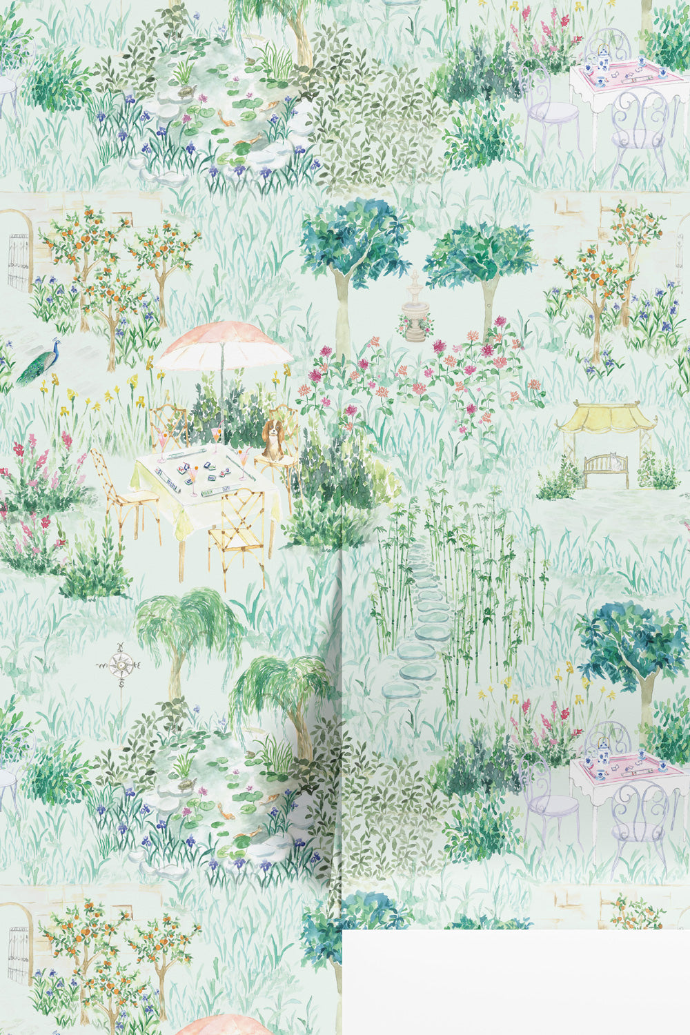 garden toile wallpaper, mahjong inspired wallpaper, chinoiserie garden wallpaper, watercolor toile wallpaper, dining room wallpaper, game room wallpaper, traditional garden wallpaper with hidden details, luxury toile wallpaper, grasscloth eco-friendly wall-covering