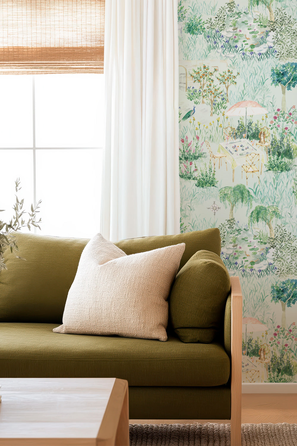 garden toile wallpaper, mahjong inspired wallpaper, chinoiserie garden wallpaper, watercolor toile wallpaper, dining room wallpaper, game room wallpaper, traditional garden wallpaper with hidden details, luxury toile wallpaper, grasscloth eco-friendly wall-covering