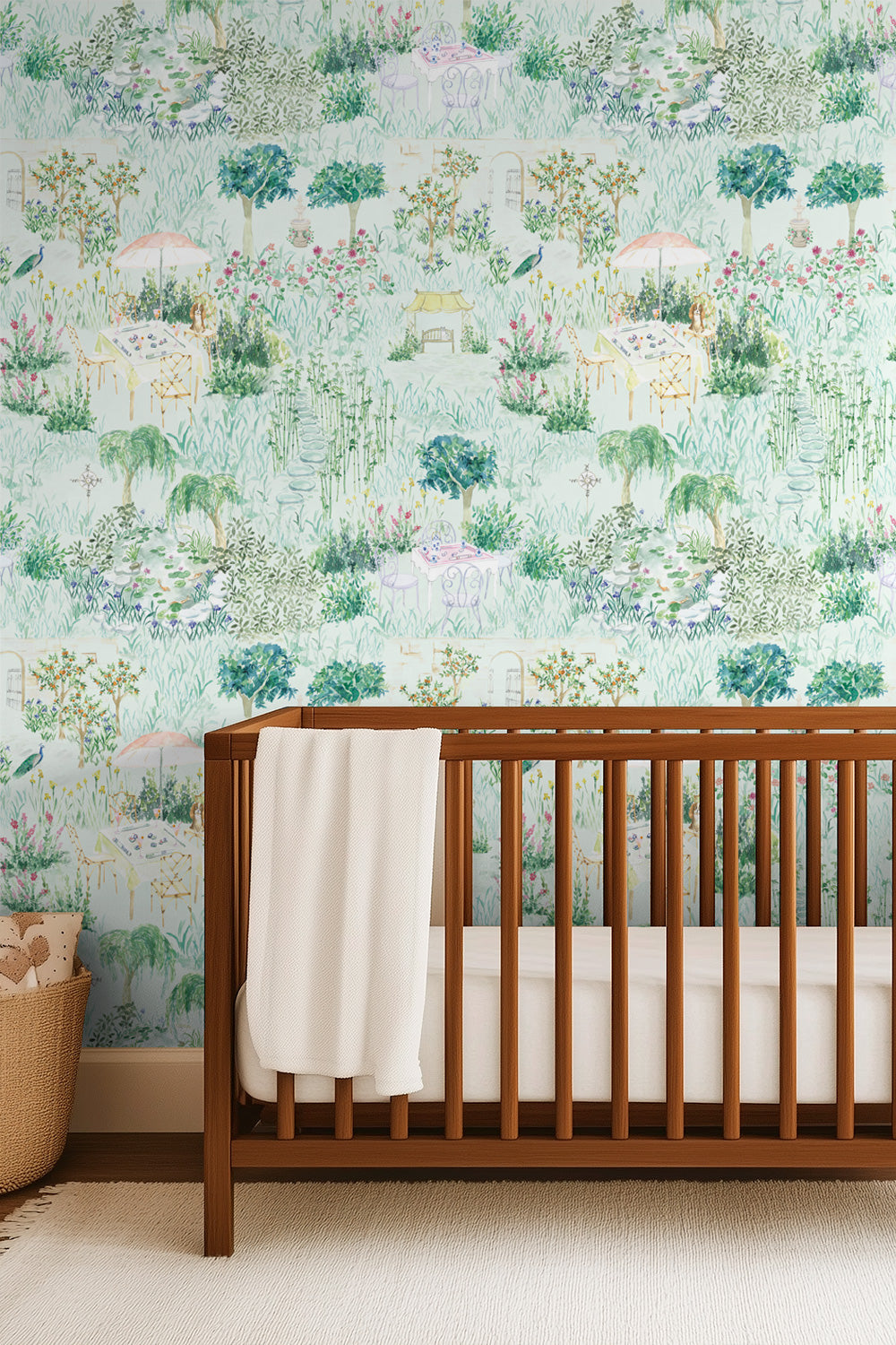 garden toile wallpaper, mahjong inspired wallpaper, chinoiserie garden wallpaper, watercolor toile wallpaper, dining room wallpaper, game room wallpaper, traditional garden wallpaper with hidden details, luxury toile wallpaper.