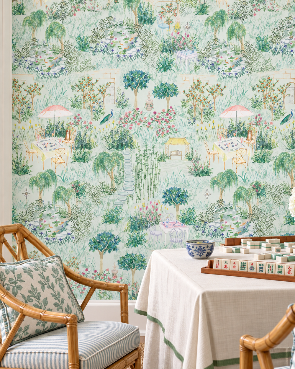 arden toile wallpaper, mahjong inspired wallpaper, chinoiserie garden wallpaper, watercolor toile wallpaper, dining room wallpaper, game room wallpaper, traditional garden wallpaper with hidden details, luxury toile wallpaper, grasscloth eco-friendly wall-covering