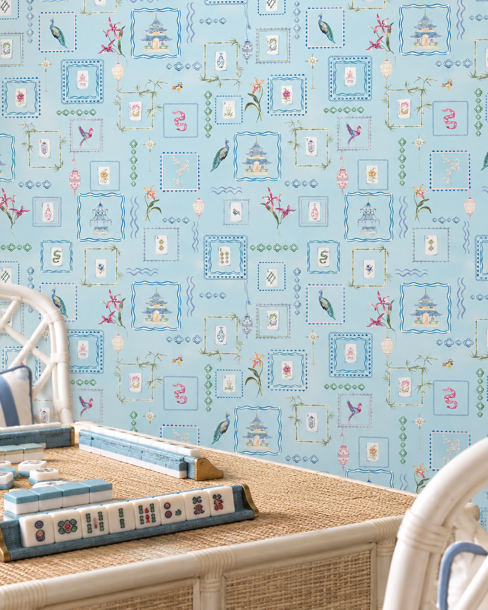 Soft blue Mahjong Tiles traditional matte wallpaper featuring hand-painted pastel watercolor mahjong tiles, pagodas, bamboo, ginger jars, birds, lanterns, and floral chinoiserie details.