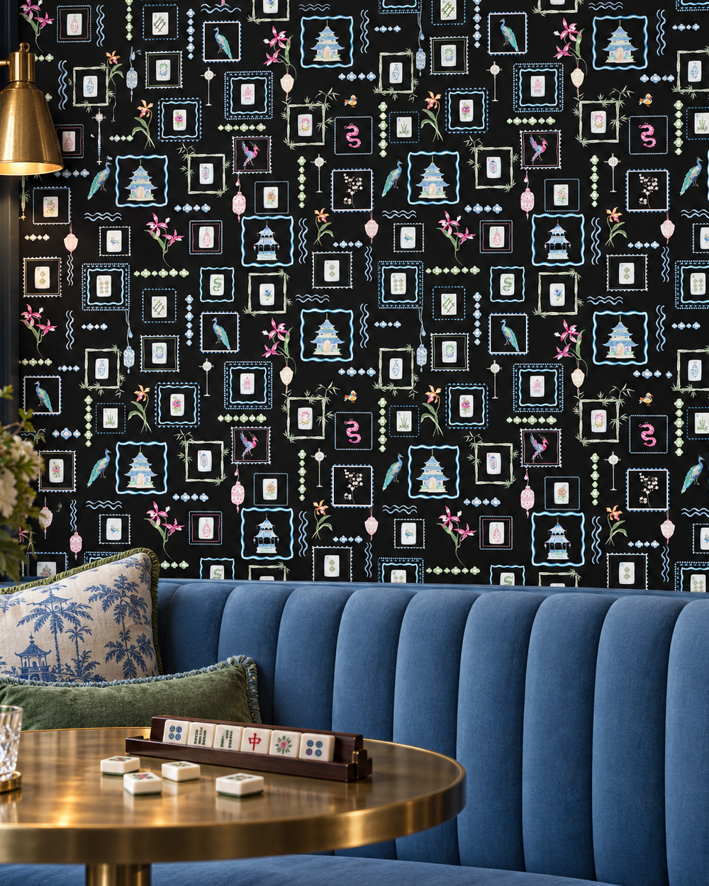 Black Mahjong Tiles traditional matte wallpaper featuring hand-painted pastel watercolor mahjong tiles, pagodas, bamboo, ginger jars, birds, lanterns, and floral chinoiserie details.